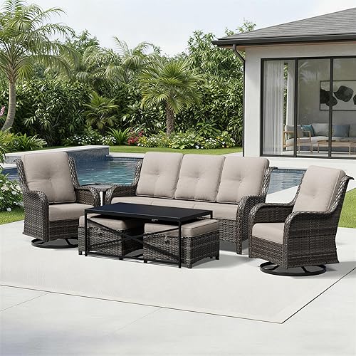 Miniatura 66 de Joyside Silla mecedora giratoria para exteriores para patio, mecedora de mimbre para exteriores con cojines de tela de olefina adecuada para porche