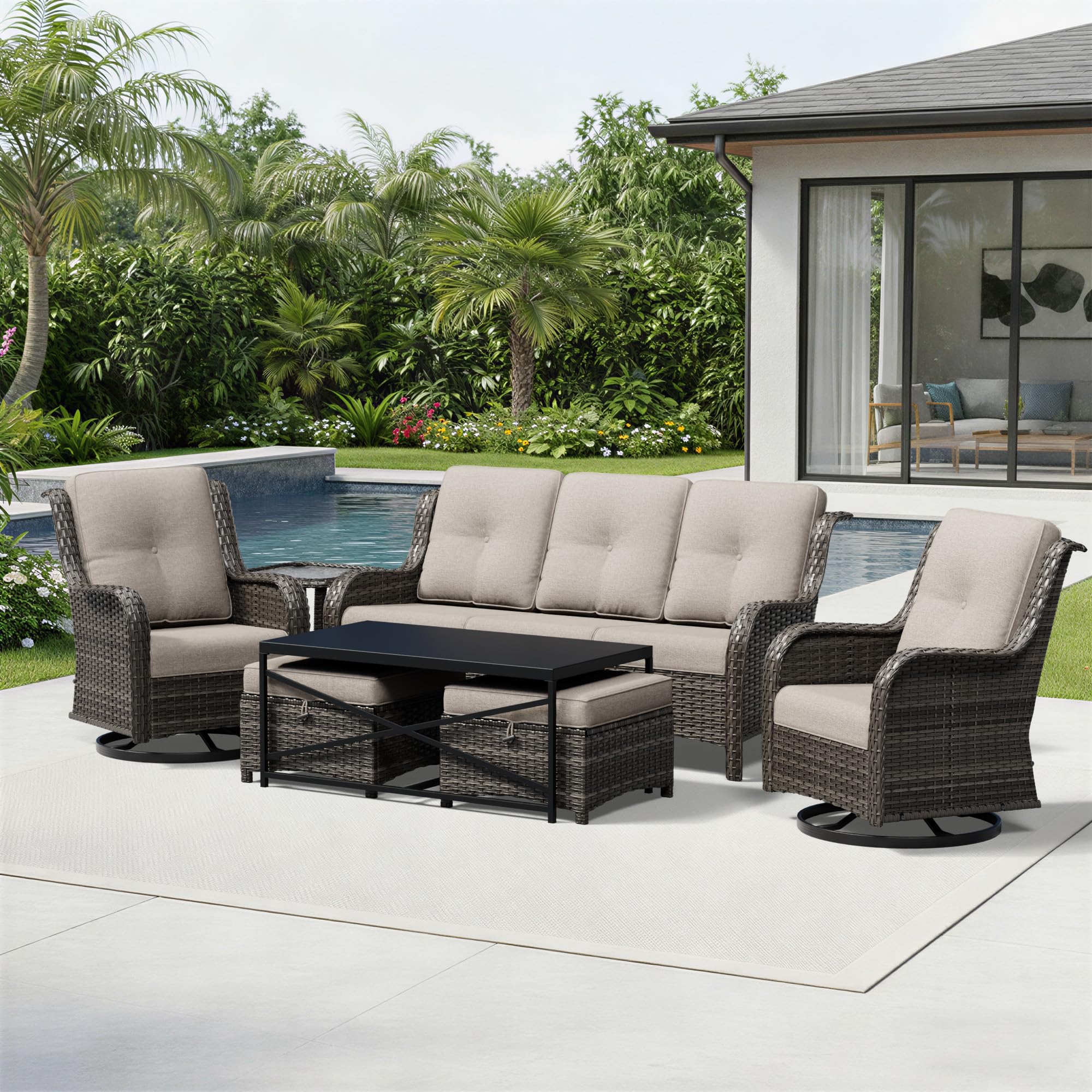Joyside 7 Piece Wicker Patio Furniture Set, Outdoor Swivel Rocker Patio Chairs with High Back, Deep Seating, Wide Armrest, Thickened Cushions, Outdoor Furniture for Deck, Porch Use