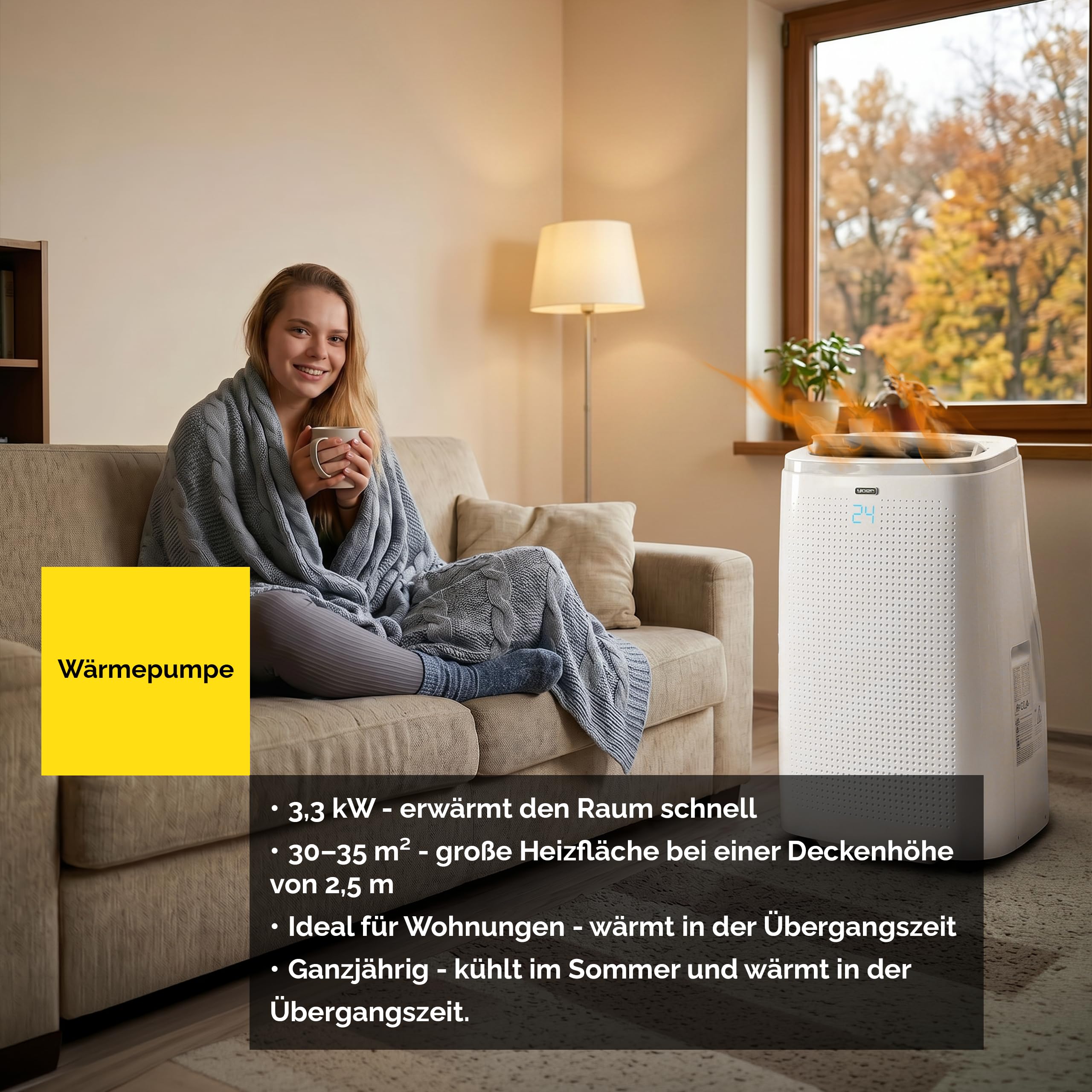 Yoer Mobile Klimaanlage, 16000 BTU, 4,7kW, 54 dB leise, 4-in-1 Kühlen Heizen Entfeuchten und Lüften, Raumgröße bis 75 m², WLAN, Fernbedienung, Arctico Pro PAC02W, weiß