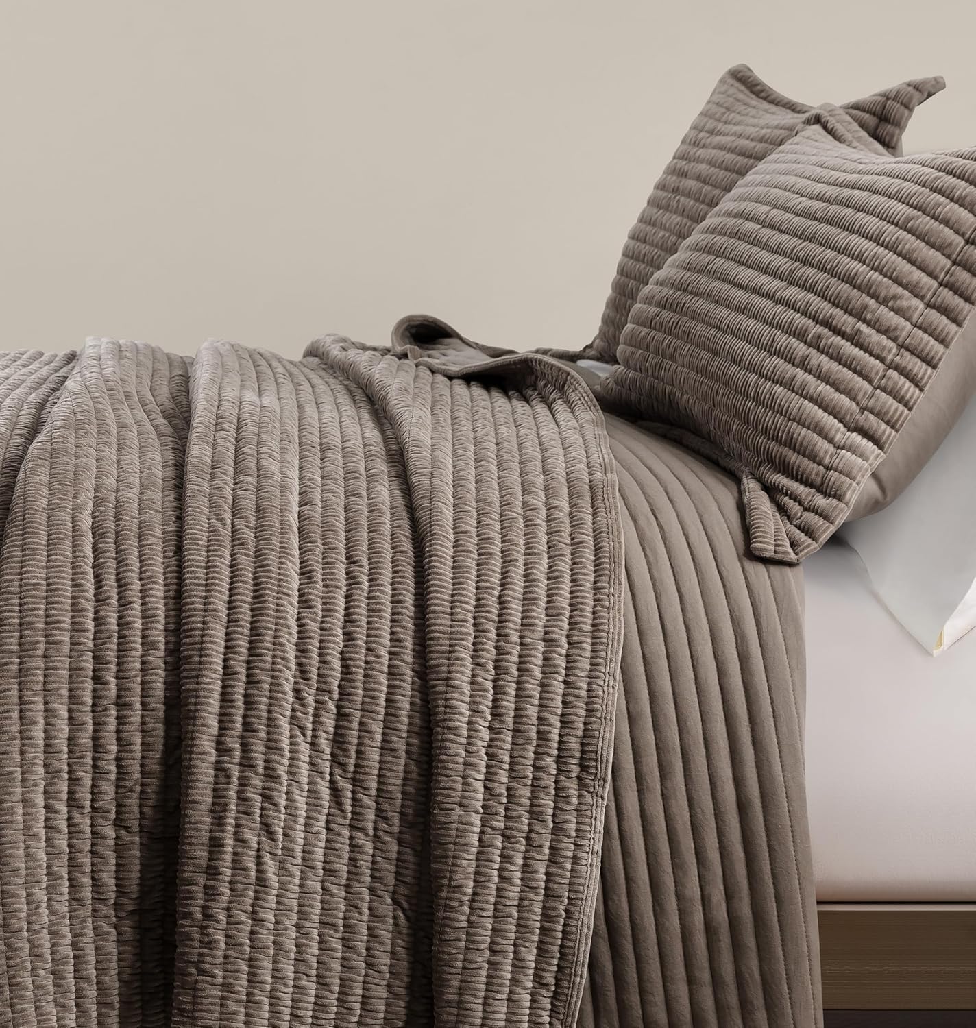 WDCOZY Velvet King Size Quilt Set - Beige Striped Soft Lightweight Bedspread, Tan Neutral Ribbed Farmhouse Country Rustic Coverlet, Taupe Camel Modern Bedding Kakhi Warm Thin Comforter, 3 Pieces - Image 4