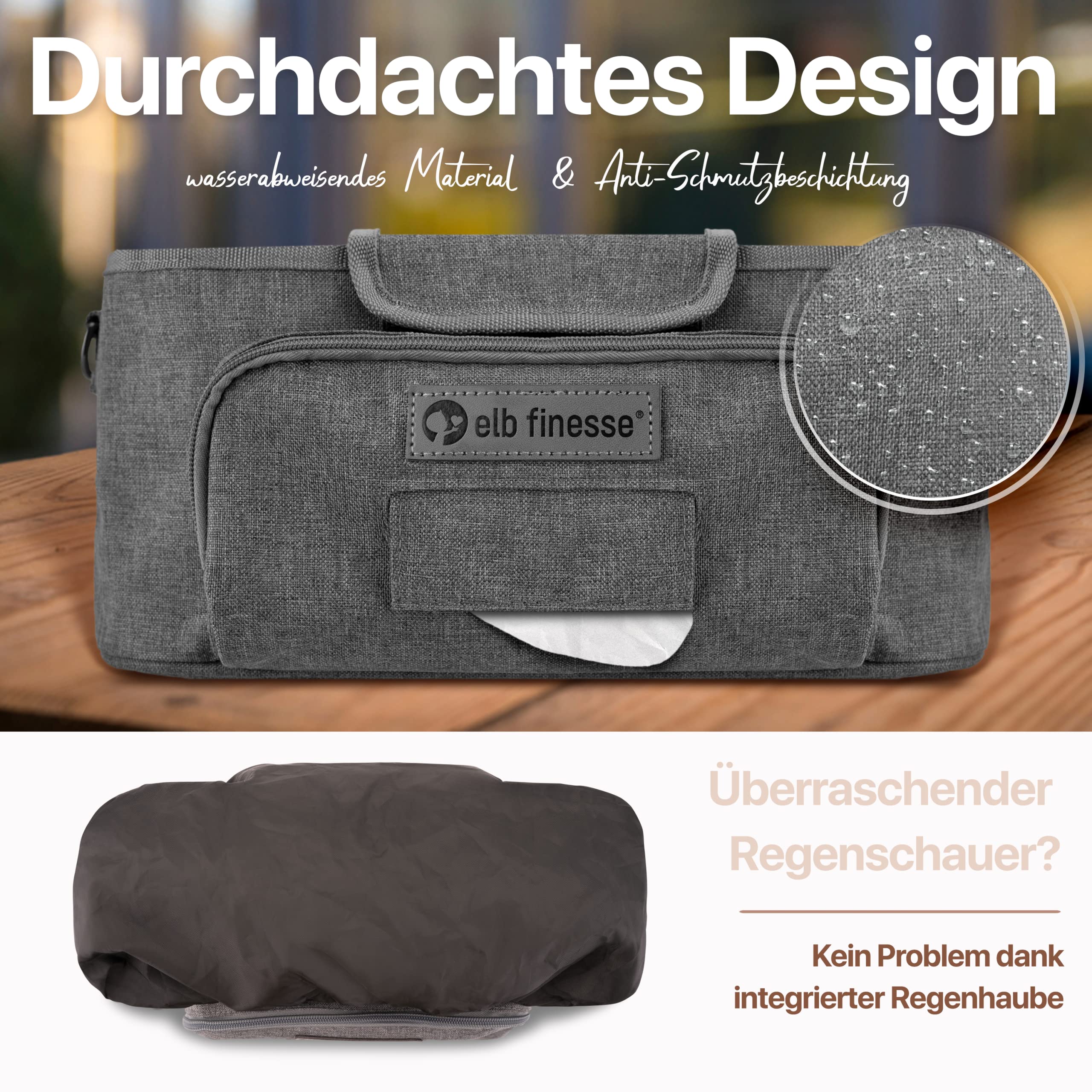 Premium Kinderwagen Organizer I Wasserabweisender Buggy Organizer inkl. Schultergurt I Kinderwagen Taschen I Kinderwagen Zubehör I Getränkehalter Kinderwagen (Grau)