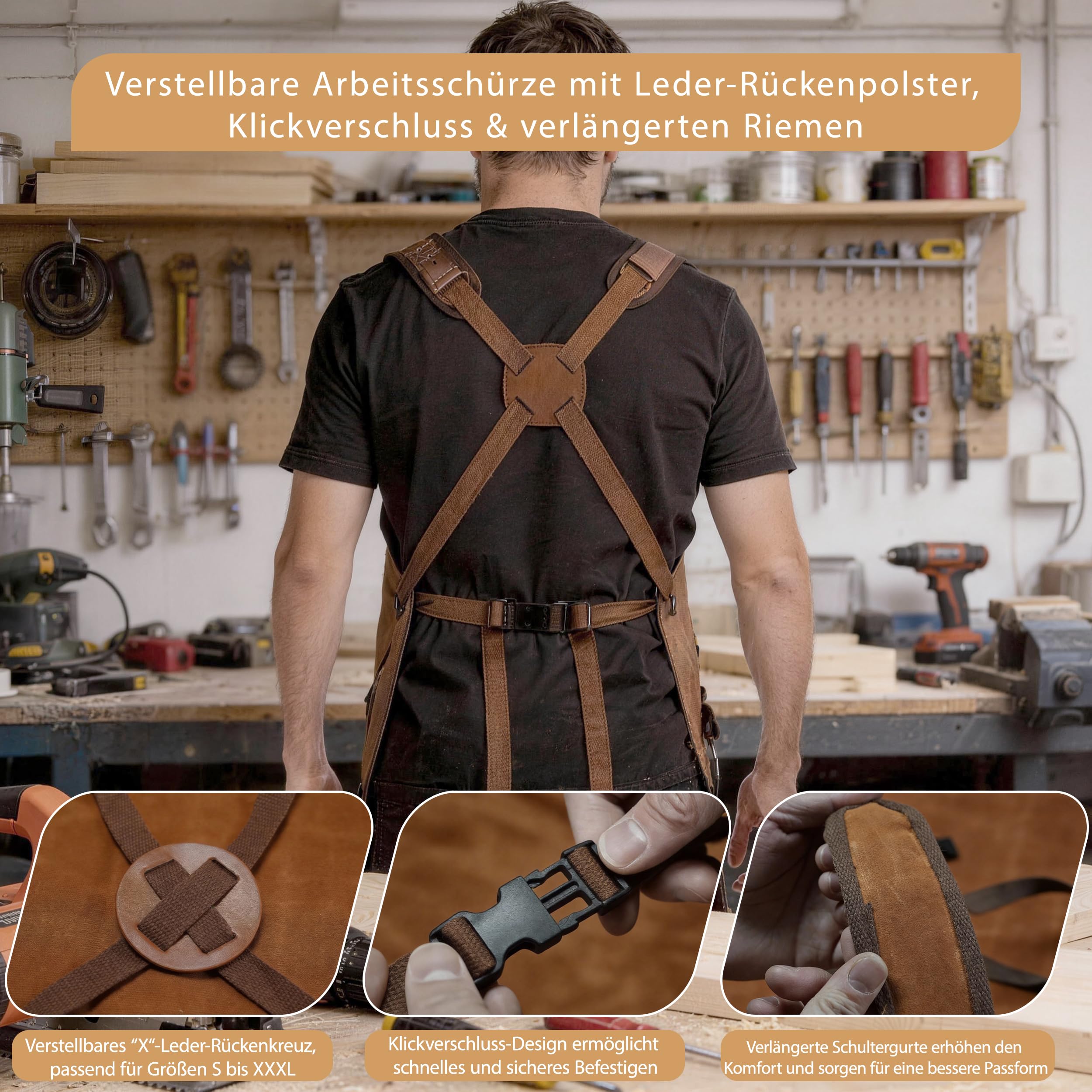 Premium Arbeitsschürze Herren aus 20oz Gewachstem Canvas – Robust & Wasserabweisend – Werkzeugschürze für Holzbearbeitung & Werkstatt mit 9 Taschen, Magnet & Schnittschutzhandschuhe