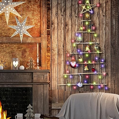Miniatura 3 de Escalera colgante de Navidad con árbol de madera iluminado de estrella con luz LED, decoración de Navidad, escalera de rama de madera natural para