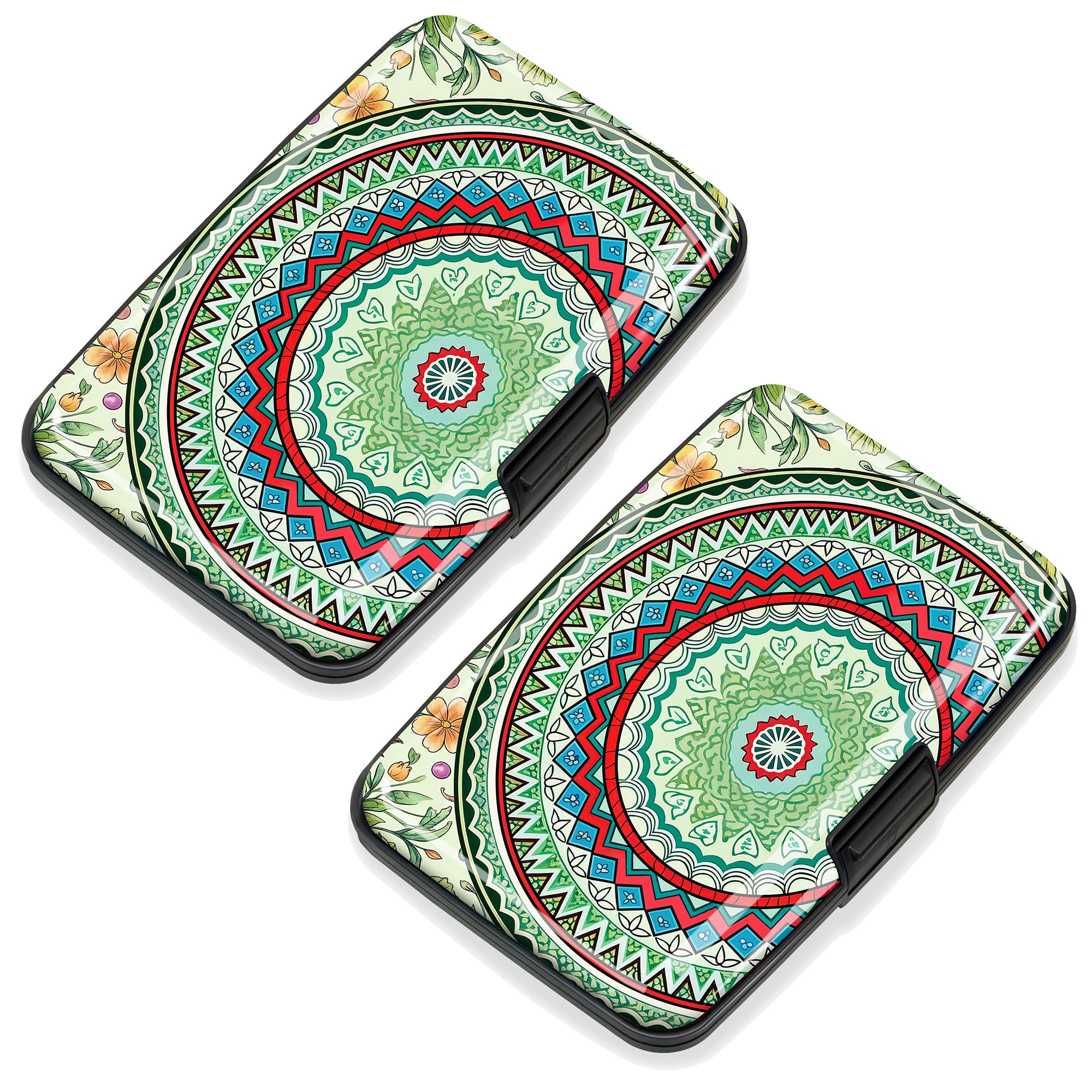 2 Pack Credit Card Holder for Women RFID Blocking Wallet, Green Mandala