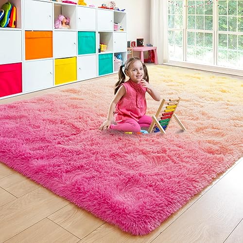 junovo Alfombra de área degradada rosa y amarilla de 4 x 6 pies y alfombra arcoíris para dormitorio y habitación de niños