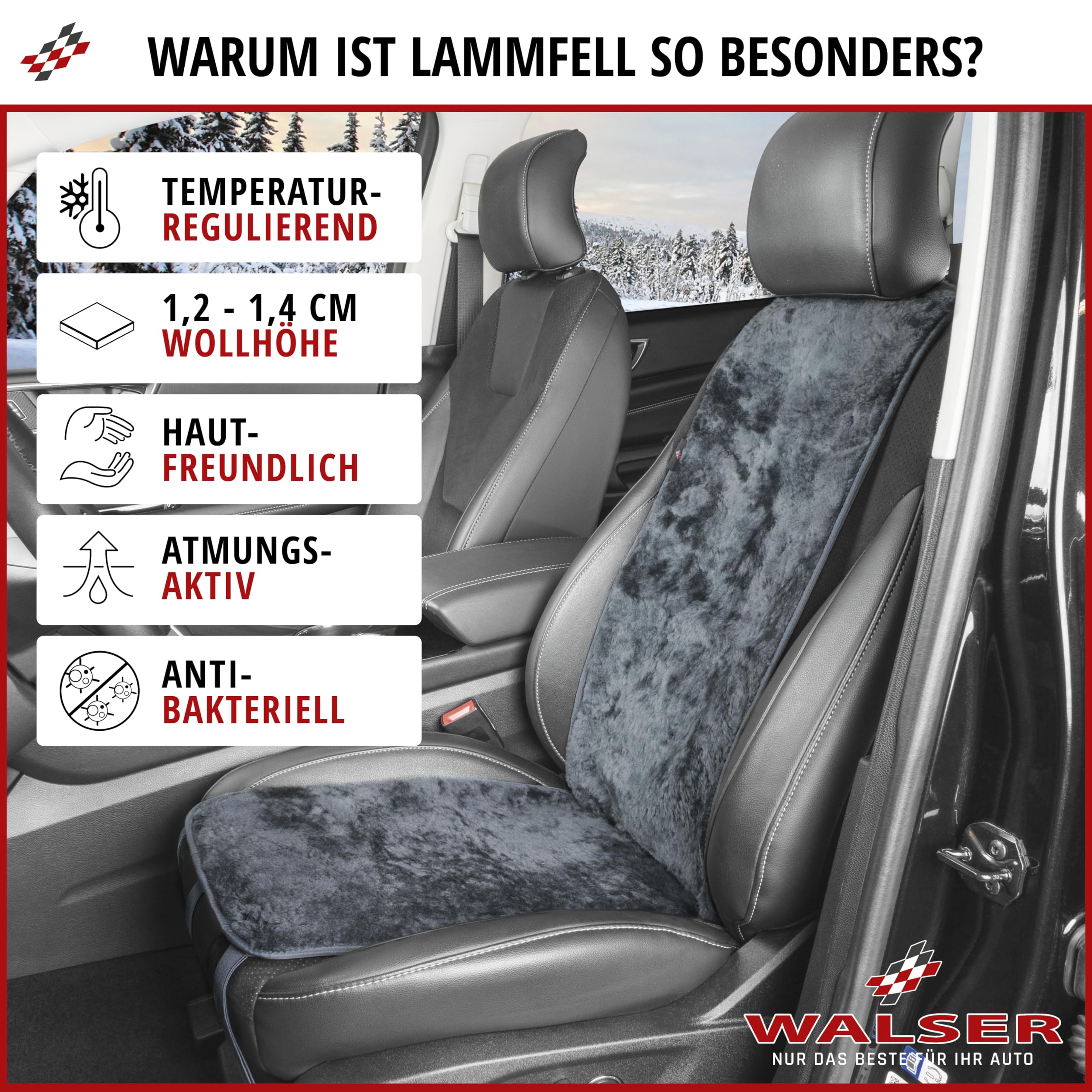 WALSER Autositzbezug Lammfell, Cosmo, Anthrazit, 100% Echtes Lammfell, Universell Passend, Vordersitze, Seitenairbag Kompatibel, Schutz und Komfortverbesserung, 1 Count