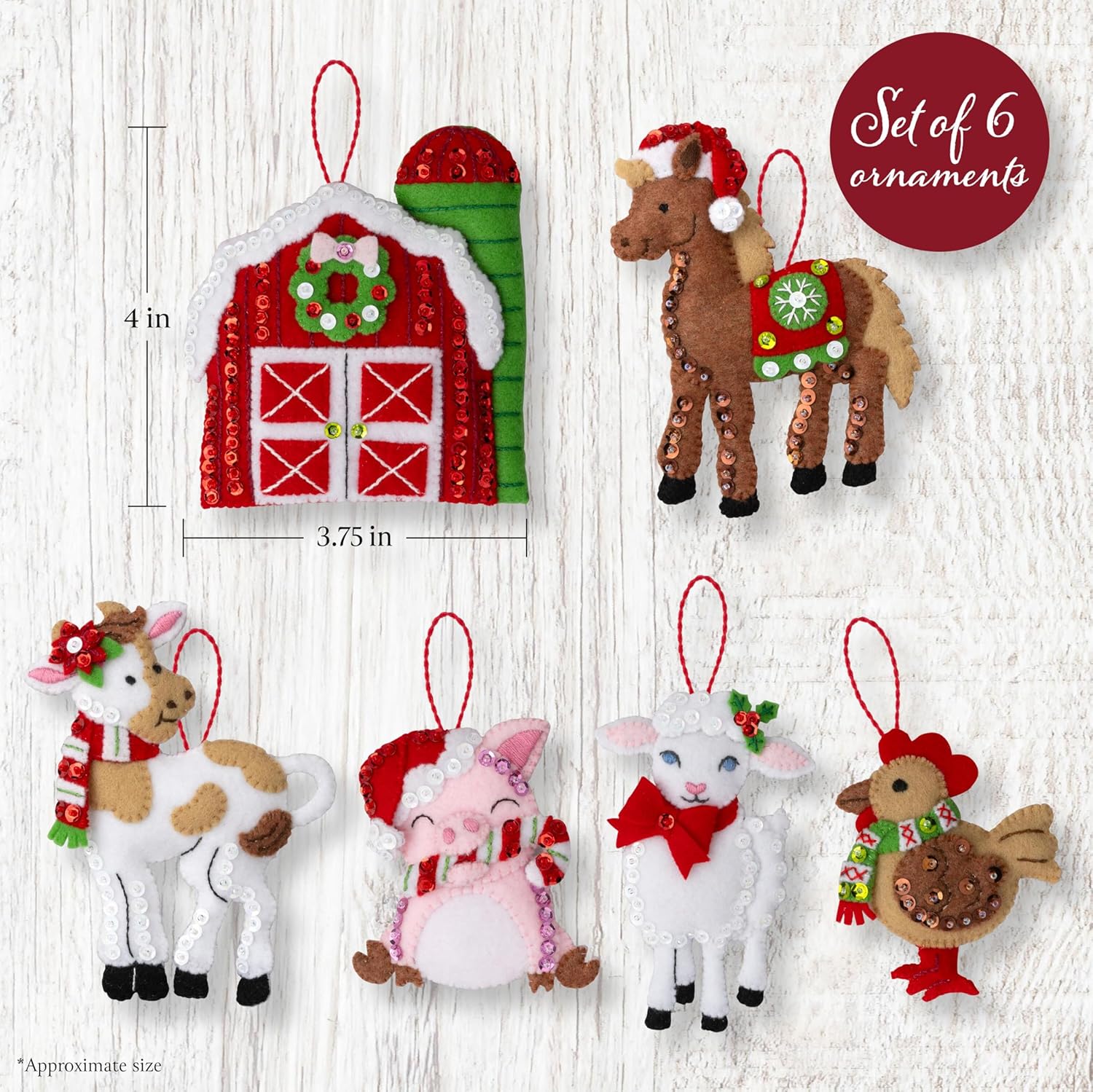 Bucilla Felt Applique 6 Piece Ornament Making Kit, Barnyard Cheer, Perfect for DIY Arts and Crafts