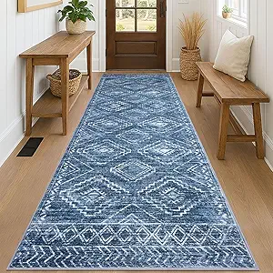 KILOCOCO Hallway Runner Rug 3x8 Runners for Hallways Washable Runner Rug Non Slip Rubber Backed Low-Pile Runners for Bedroom Kitchen Living Room Laundry Room Boho Rugs, Stonewashed Blue
