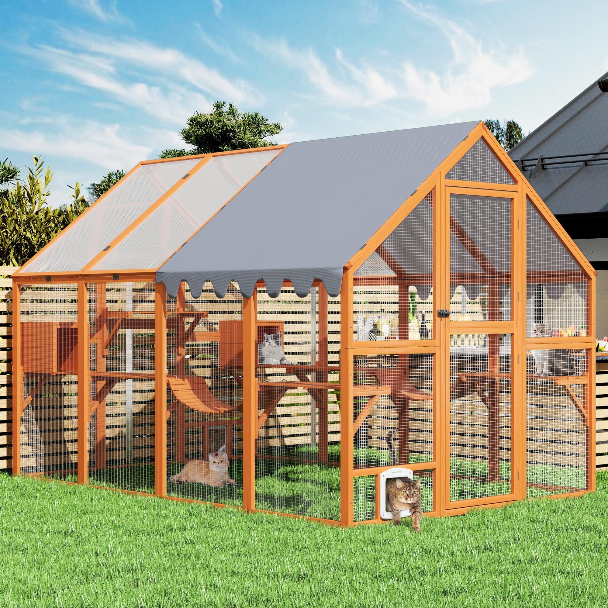 Extra Large Catio Outdoor Cat Enclosure, 110" Large Walk-in Outdoor Cat Run for Multiple Cats, 53.5ft² Big Outside Wooden Cattery with Weatherproof Full Cover, Window Access Avaliable, OrangeThe Forest Stewardship Council