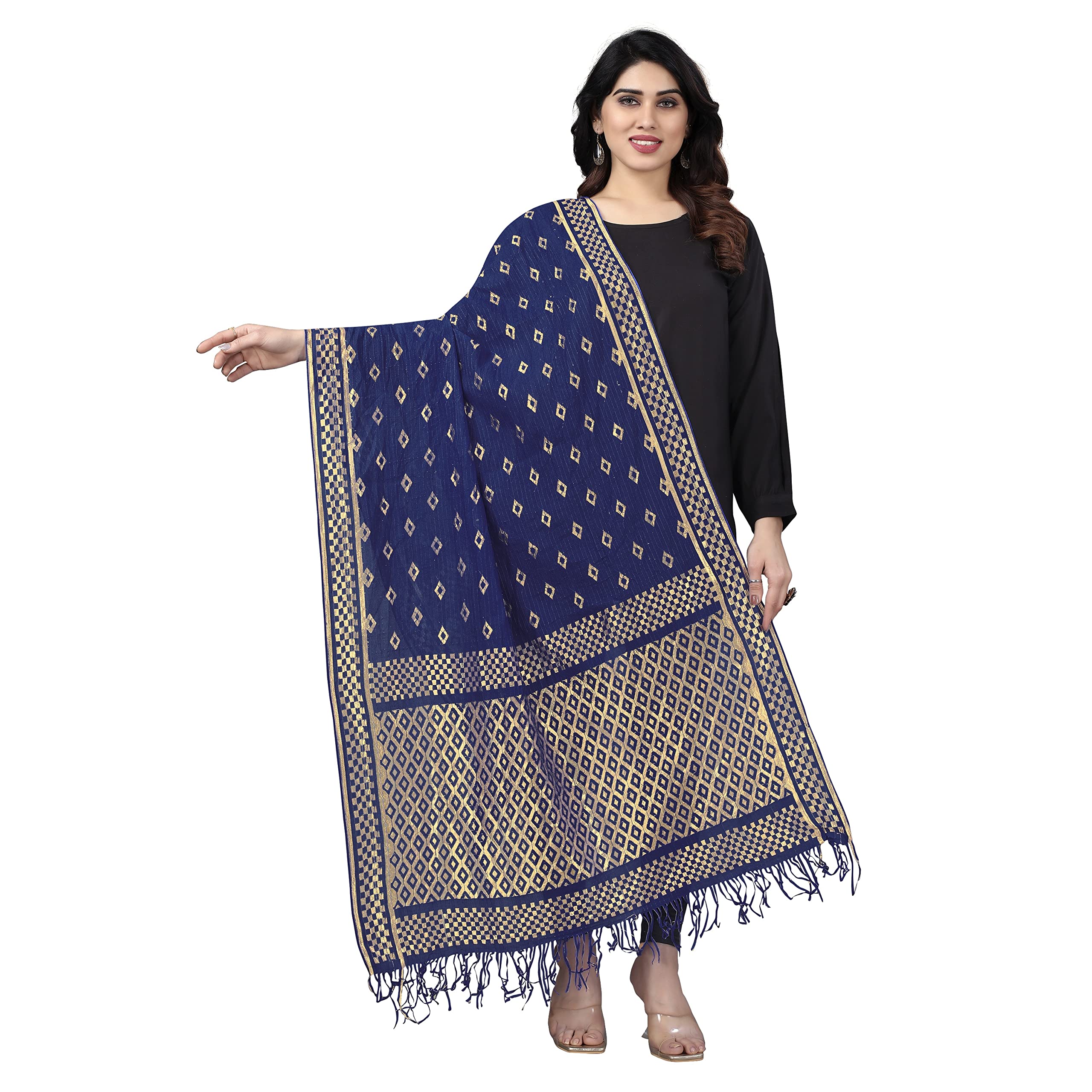 stylescope Women's Rasal Net Dupatta With Gold Zari Work (Dup Diamond Navy_Navy_2.25 Mtr)-picture-28