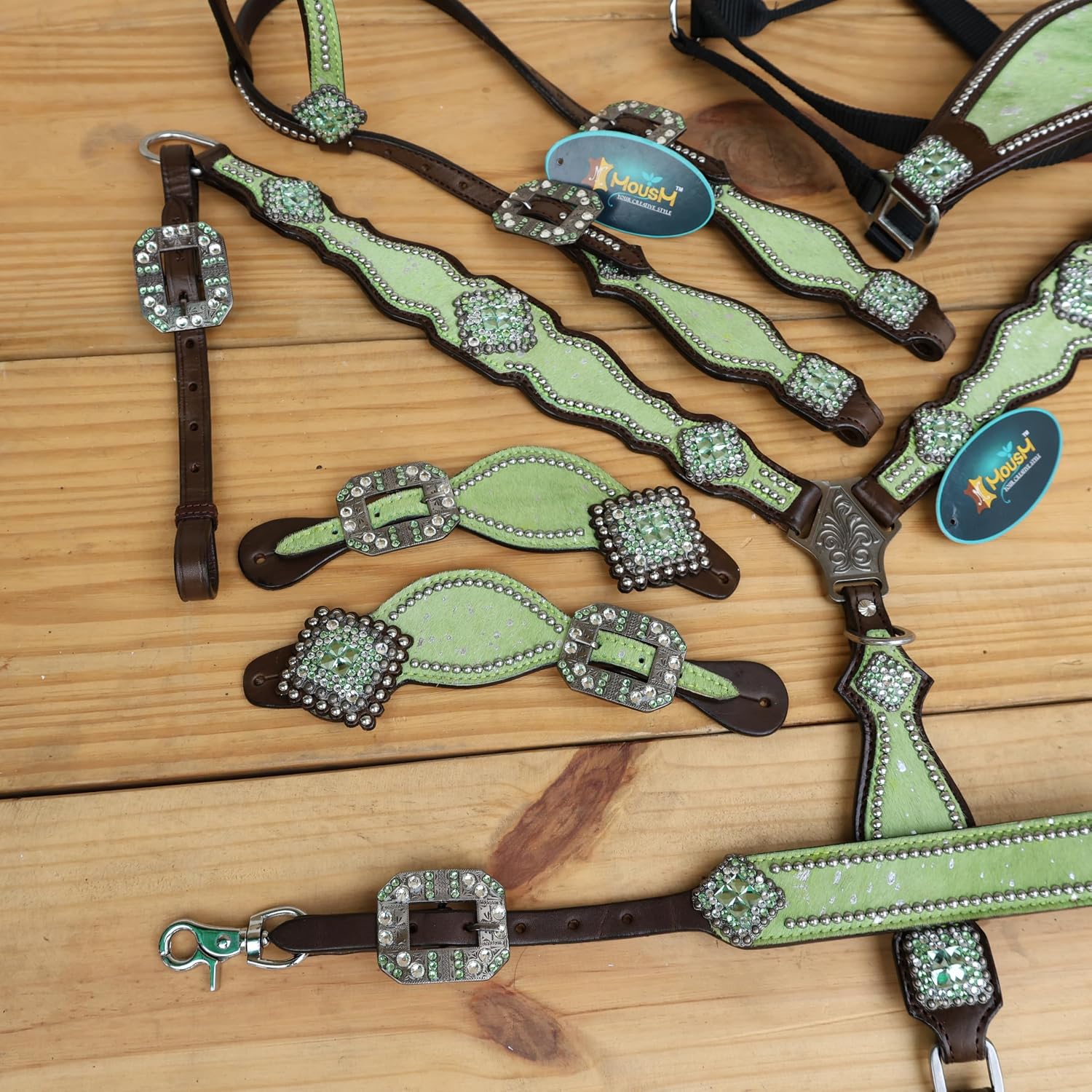 Western Headstall, Breast Collar, Wither Strap, Spur Strap, and Bronc Halter Tack Set for Horse, Handmade Lime Green Metallic Acid Wash Cowhide Look with Nickel Studs and Conchos