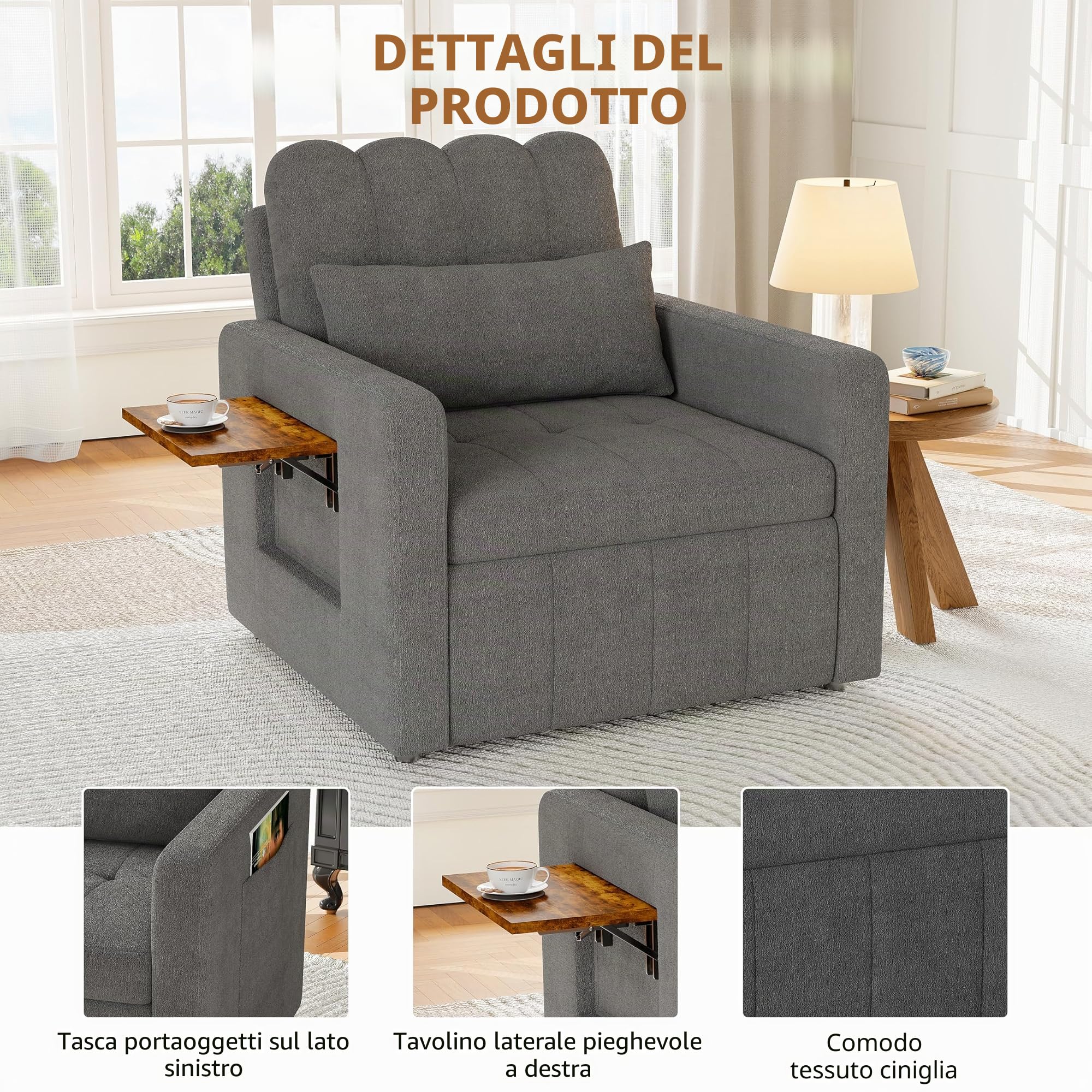 Poltrona Letto Singolo con Schienale Reclinabile su 5 Livelli,Pieghevole Imbottito a 1 Posto Poltrona Letto, Poltrona reclinabile per soggiorno, balcone e ufficio (Grigio medio)