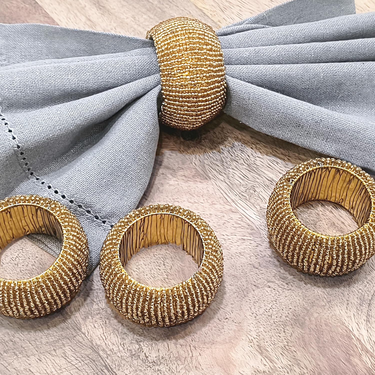 Gold Napkin Ring, Napkin Rings Set of 12, Beaded Napkin Holders, Round Napkin Rings Bulk for Christmas Party Decoration, Dinning Table, Everyday, Family Gatherings - Set Your Table with Style - Gold