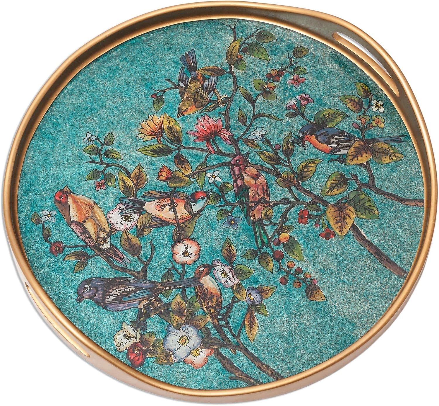 NOVICA Artisan Handmade Reversepainted Glass Tray Floral Turquoise from Peru Blue Gold Tone Glasswood Tableware Serveware Trays Animal Themed Nature [2.4in H x 17.75in W x 17.75in D] ' Birds of