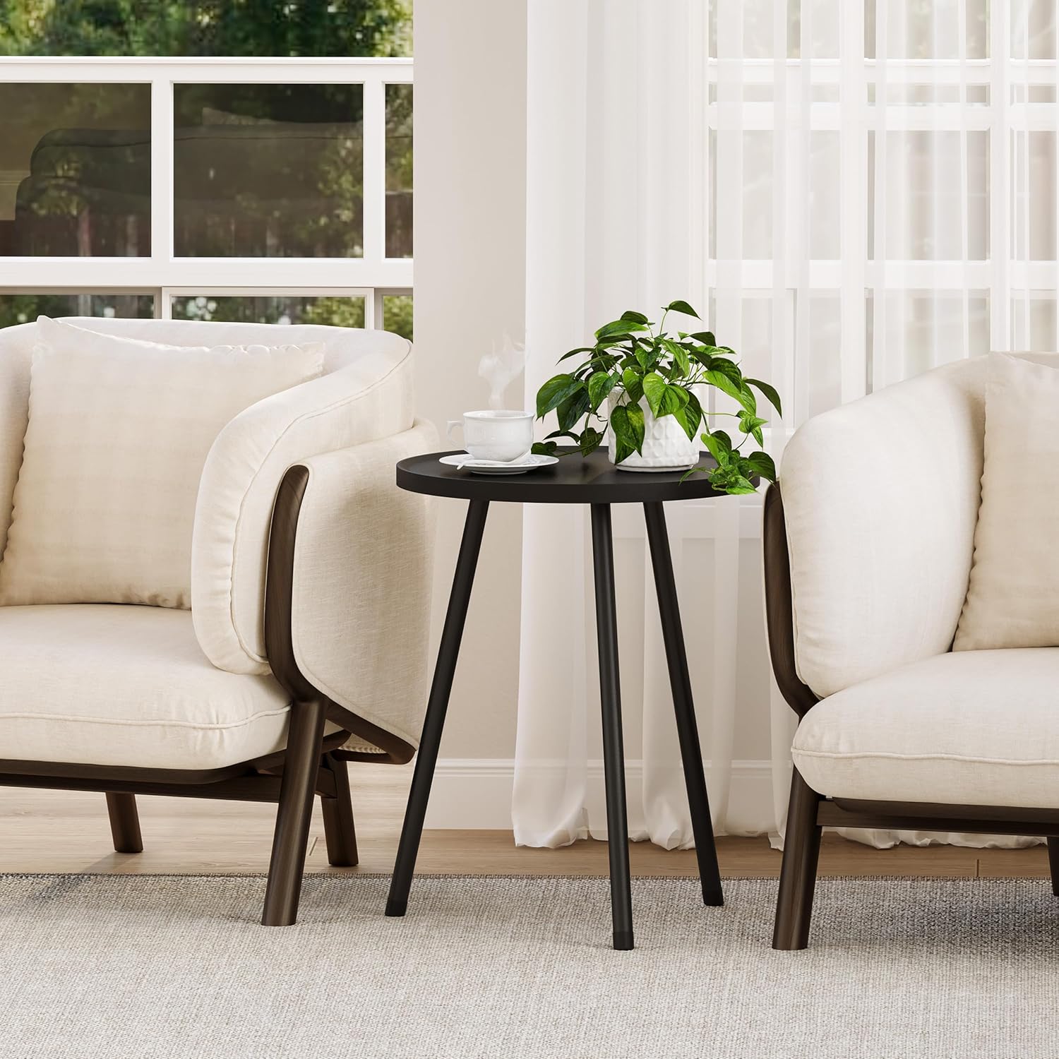 Round Side Table, Small End Table, Drink Table for Couch, Mini Tea Table for Sofa, Modern Accent Nightstand for Small Space, Living Room Bedroom LET521BK