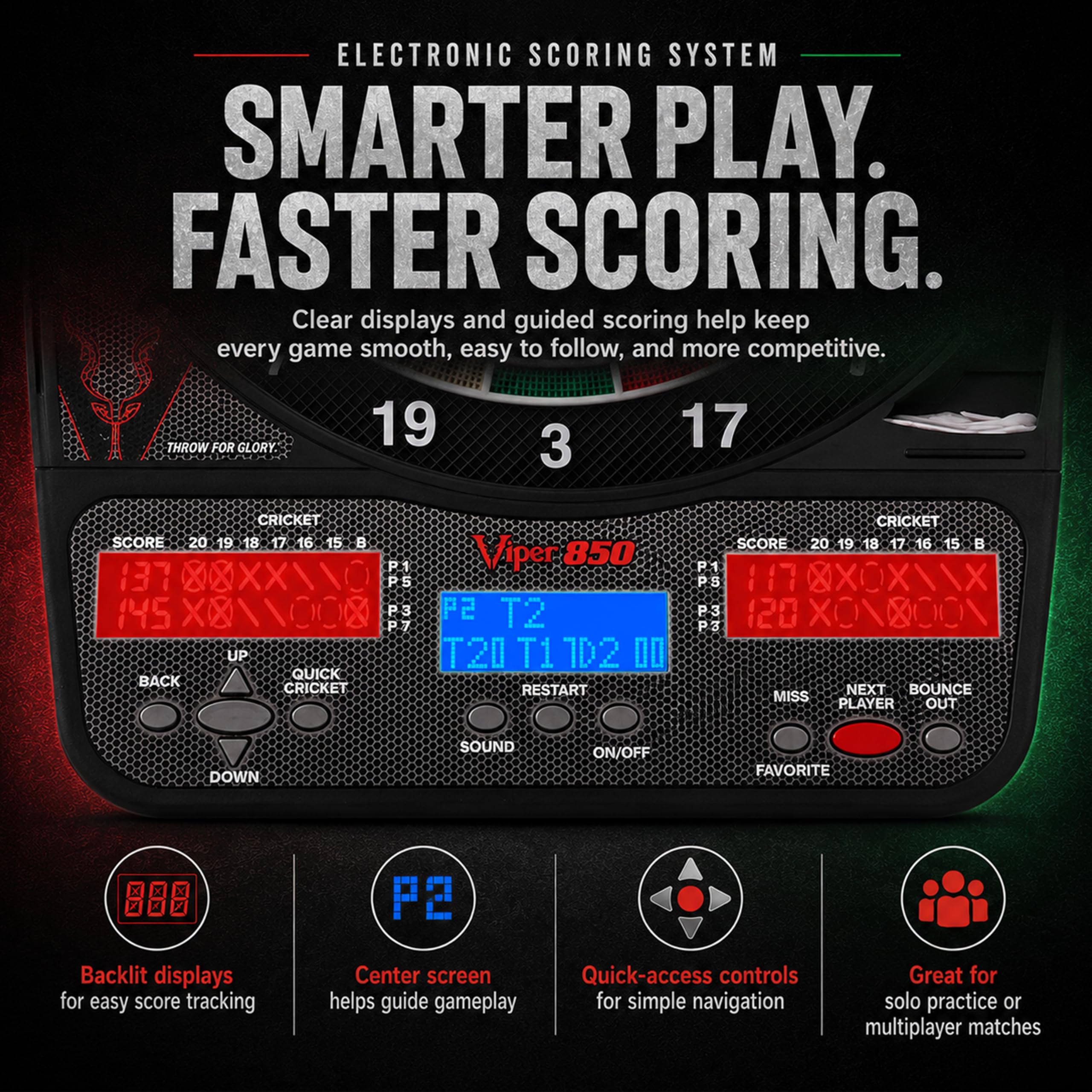Viper 850 Electronic Soft Tip Dartboard 15.5 in Regulation Target 50 Games 6 Darts Included Black product thumbnail 7