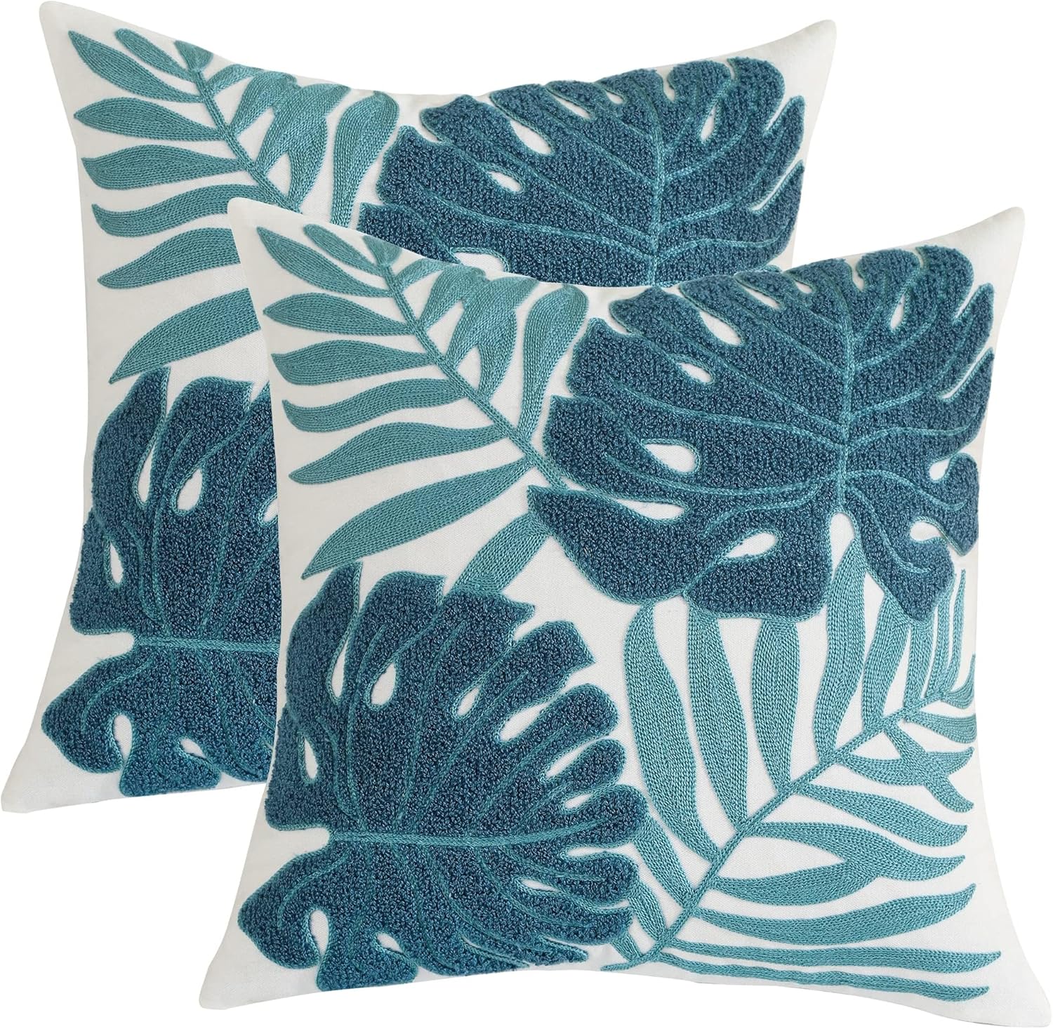 Tosleo Blue Tropical Leaf Embroidered Throw Pillow Covers 18x18 Inch Set of 2 Monstera Palm Leaves Couch Pillowcases Botanical Plant Cushion Case Spring Summer Home Decor for Living Room Bedroom Bed
