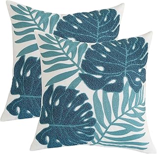 Tosleo Blue Tropical Leaf Embroidered Throw Pillow Covers 18x18 Inch Set...