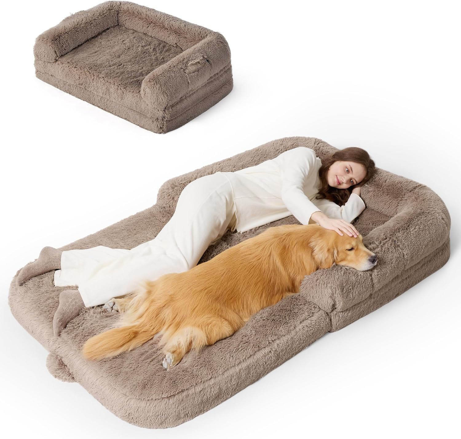 Bedsure Foldable Human Dog Bed - 2 in 1 Flexible Giant Human Dog Bed for Adult People with Supportive Bolster Egg Foam, Waterproof Liner, Calming Fluffy Faux Fur Orthopedic Big Bean Bed, Camel 71.0"L x 41.0"W x 10.0"Th Camel