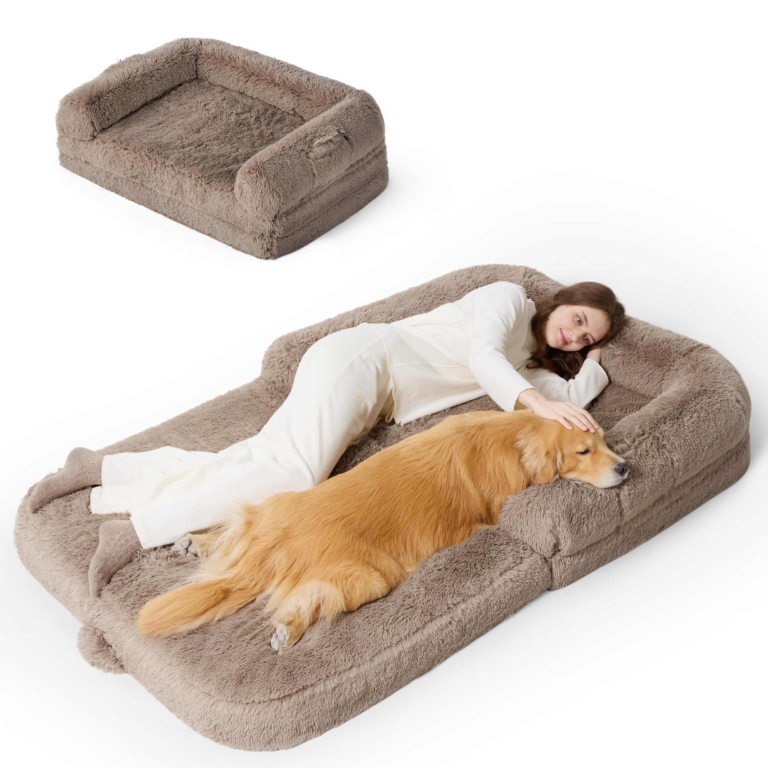 Bedsure Foldable Human Dog Bed - 2 in 1 Flexible Giant Human Dog Bed for Adult People with Supportive Bolster Egg Foam, Waterproof Liner, Calming Fluffy Faux Fur Orthopedic Big Bean Bed, Camel