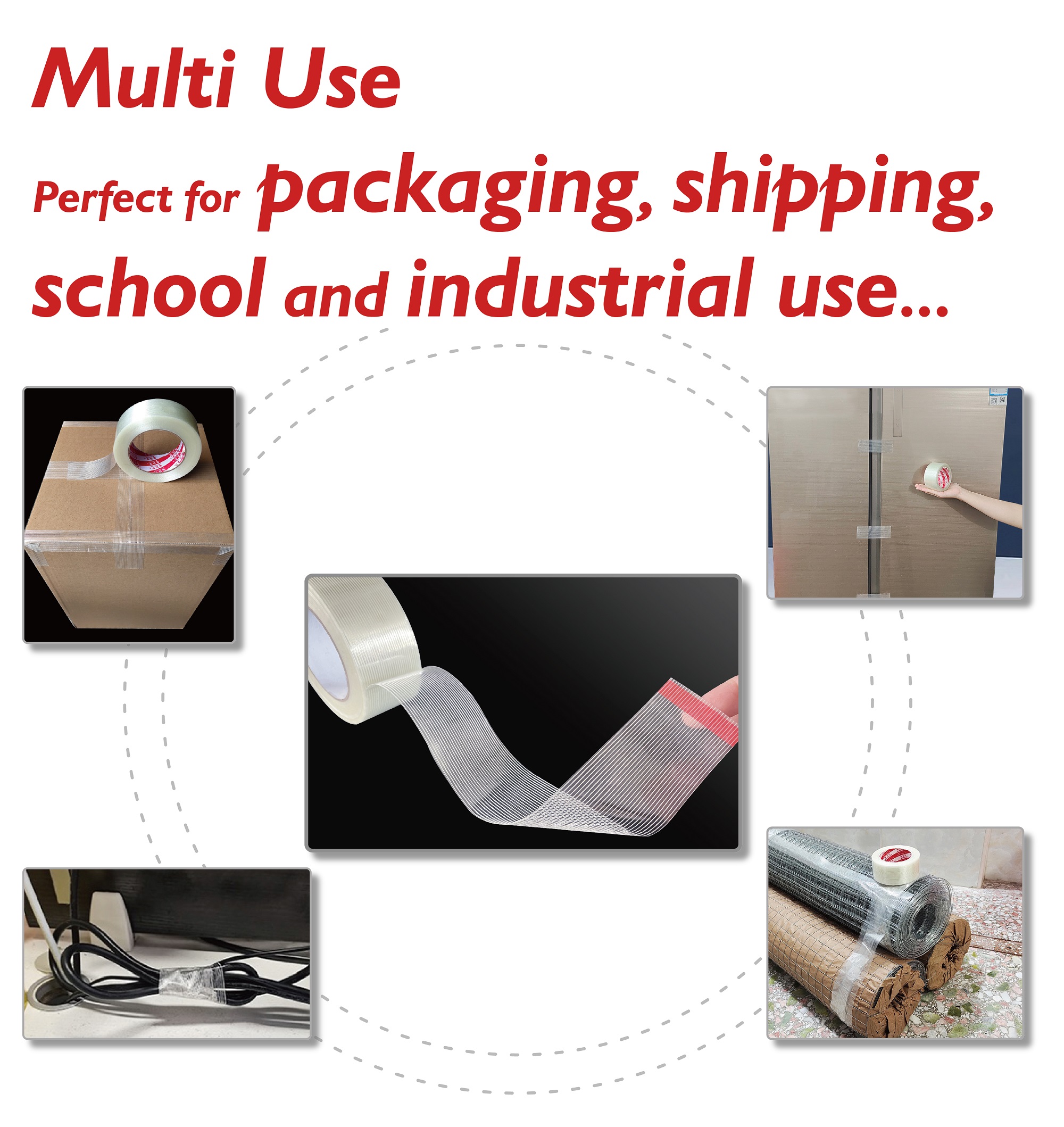 Image of Mono Filament Strapping Tape 1 Inch x 60 Yards, 4.7 Mil Thick Fiberglass Reinforced, 4 Rolls Heavy Duty Tape for Shipping, Bundling, Moving & Industrial Packing