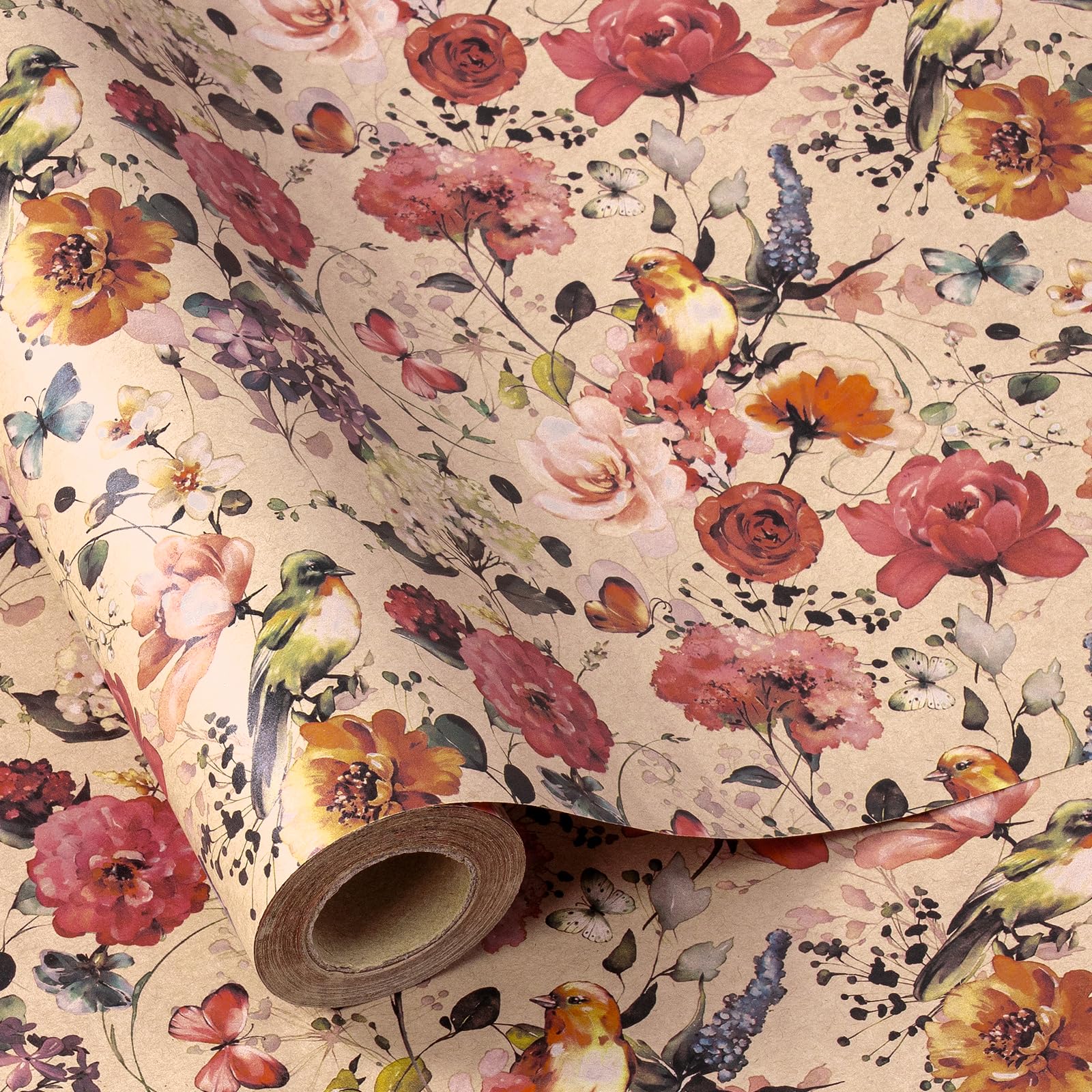 RUSPEPA Flower Wrapping Paper Bouquet for Women, 17 in x 16.4 ft, Mini Roll, Blooming with Bird and Butterfly Design, Kraft Wrapping Paper Roll for Spring, Birthday and Baby Shower