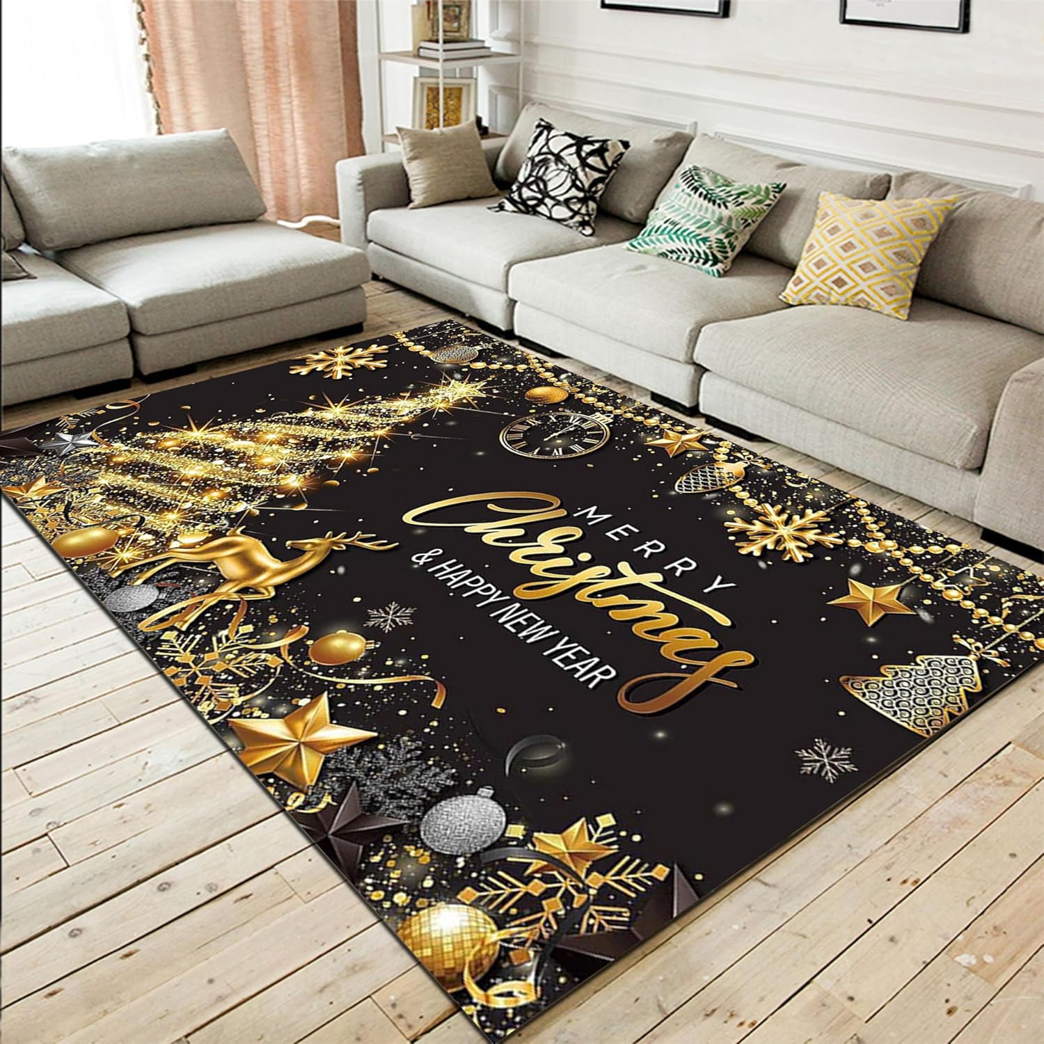 Christmas Tree Area Rug, 4x6ft Black Gold Star Snowflake Reindeer Happy New Year