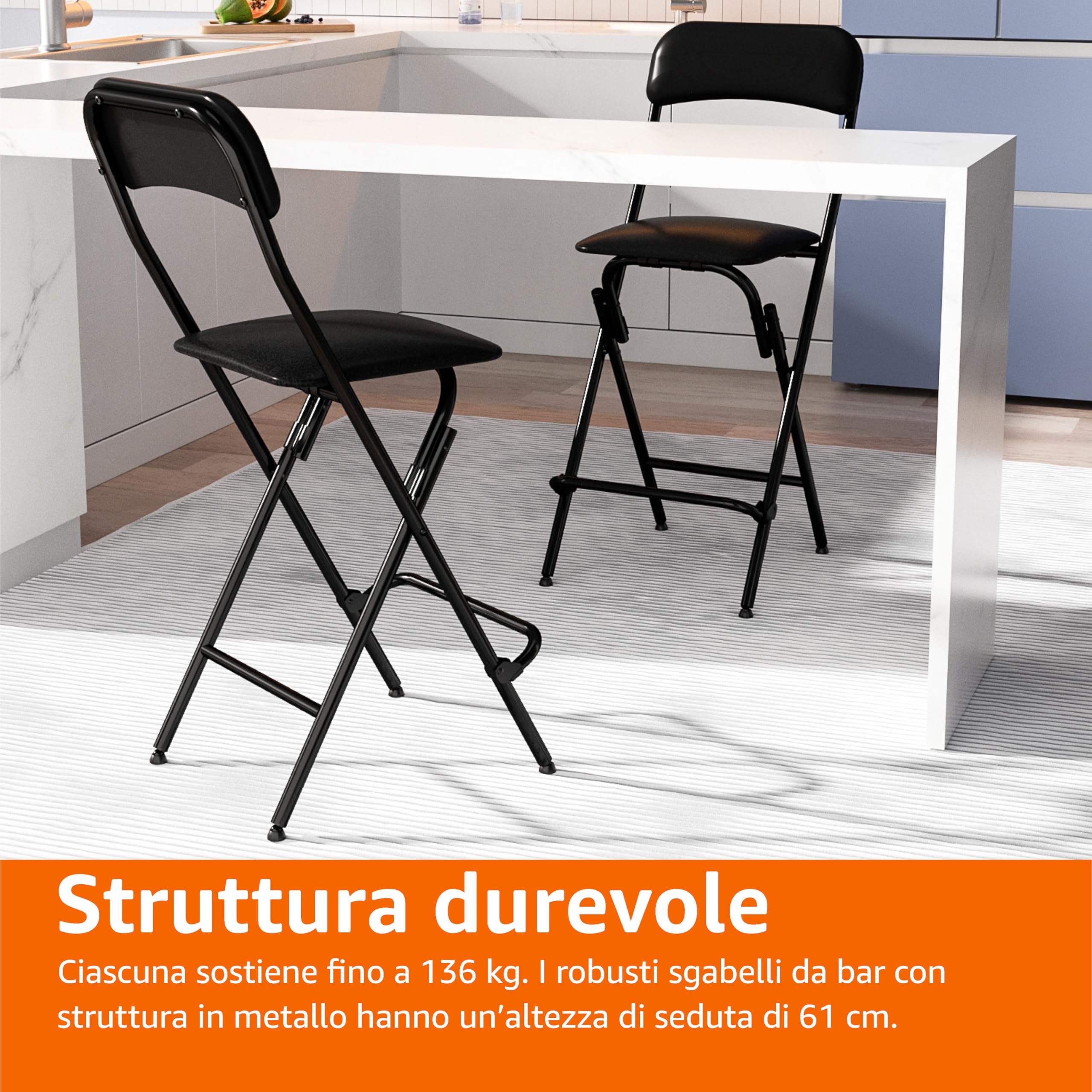 Amazon Basics Sgabello pieghevole con poggiapiedi, portata 136,1 kg, altezza 61 cm, confezione da 2, Nero