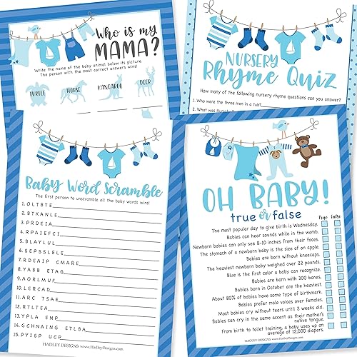 Hadley Designs 25 palabras azules para baby shower, 25 juegos verdaderos o falsos, 25 juegos de animales para bebés, 25 juegos de rimas para