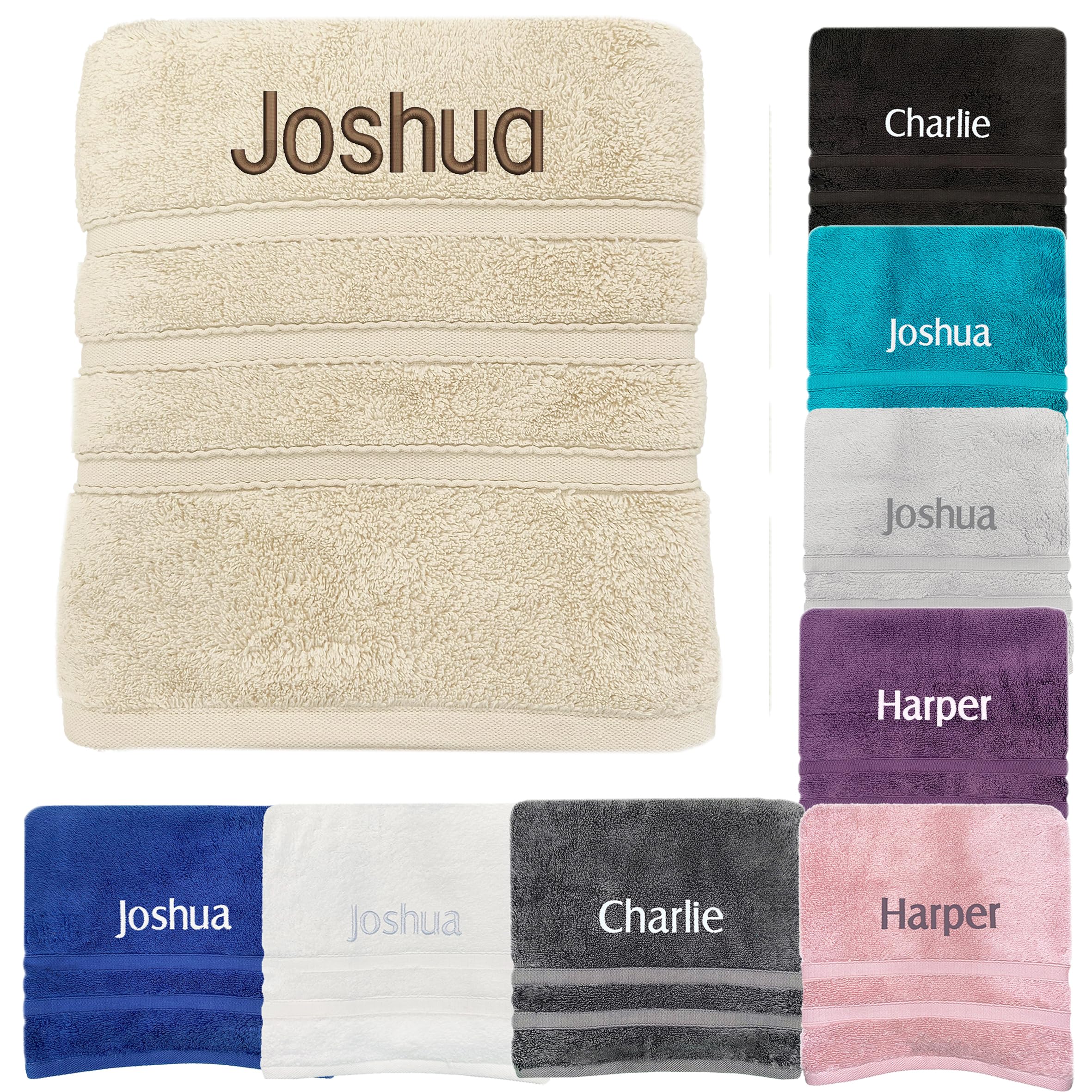 JJLC Personalised Towels Sets Bath Hand Bath Embroidered Name (Beige, Hand Towel)