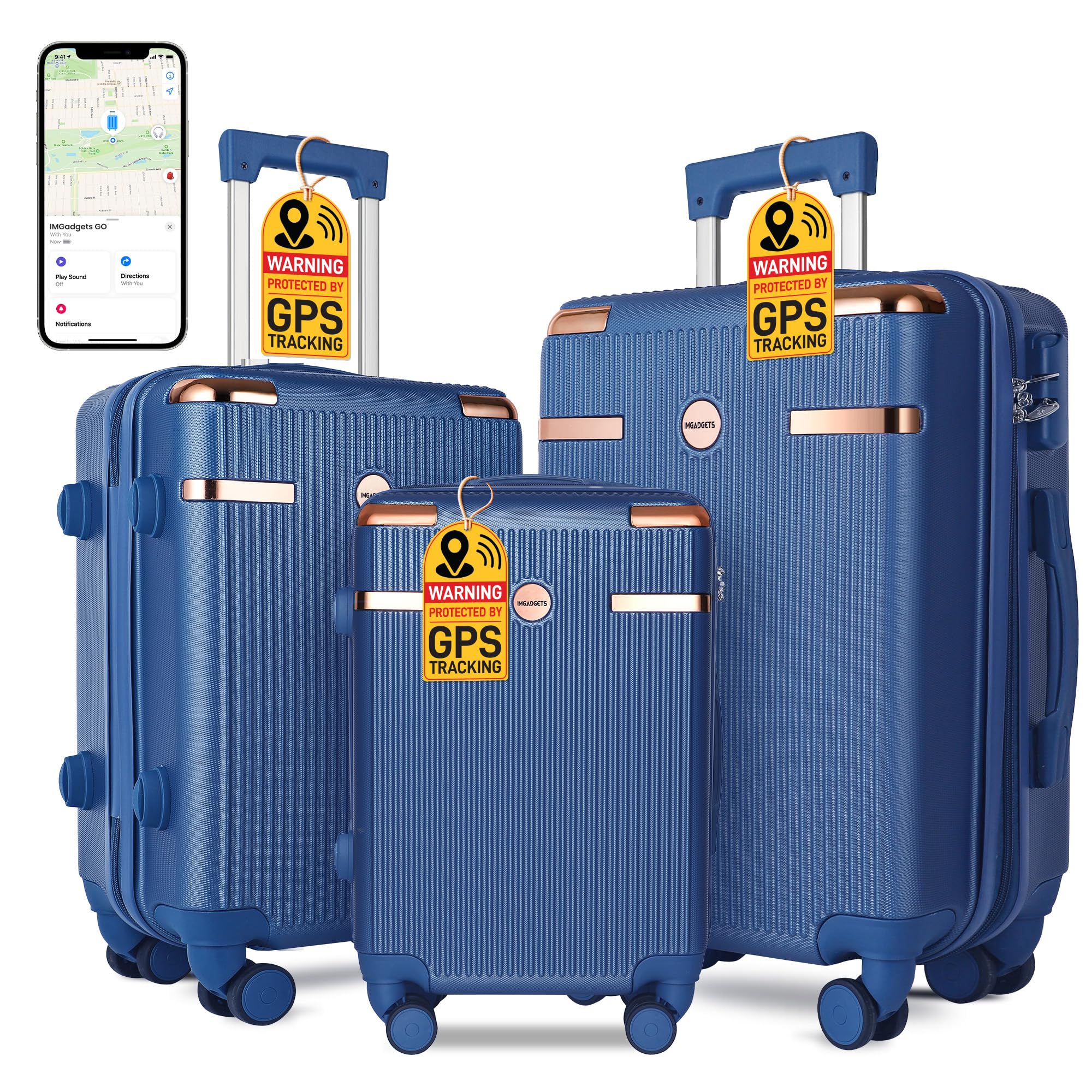 IMGadgets Luggage Set 3 Piece (20"/24"/28") with Air Tracker Tag | Polycarbonate Hard Shell Travel Suitcase Set | TSA Lock, 360° Spinner Wheels, Lightweight Durable Luggage for Airplane Travel