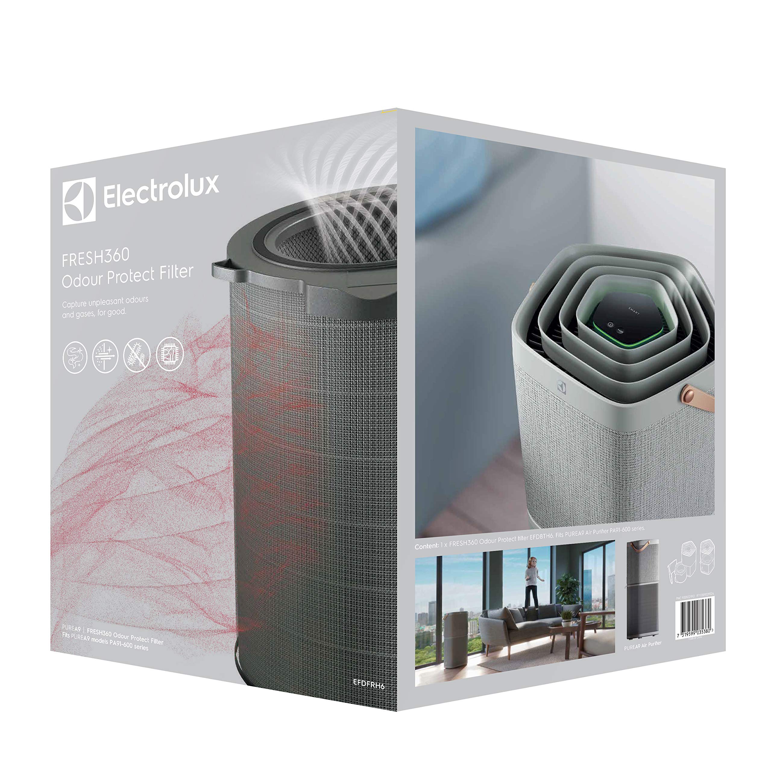 Electrolux EFDFRH6, Filtr Antyzapachowy FRESH360 do oczyszczacza Pure A9, Zaawansowany węgiel aktywny, Ochrona antybakteryjna, Wychwytuje 99,5% cząsteczek, Kompatybilny z PA91-604DG/GY