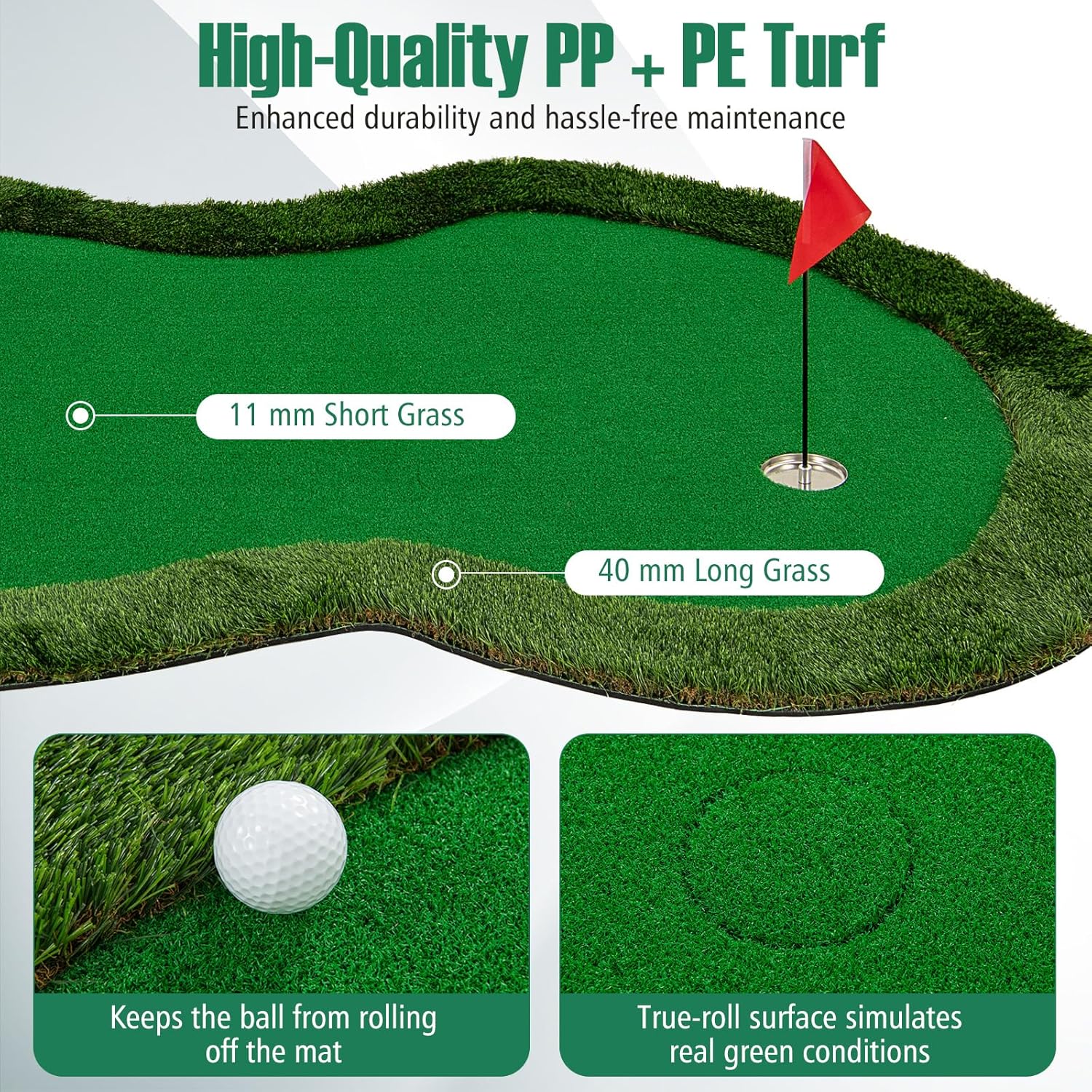 ULTIMATE 10FT Golf Putting Green, Realistic Feel Turf, w/ 3 Holes, 3 Flags & Cups, Golf Training Mat for Putting Practice Indoor Outdoor