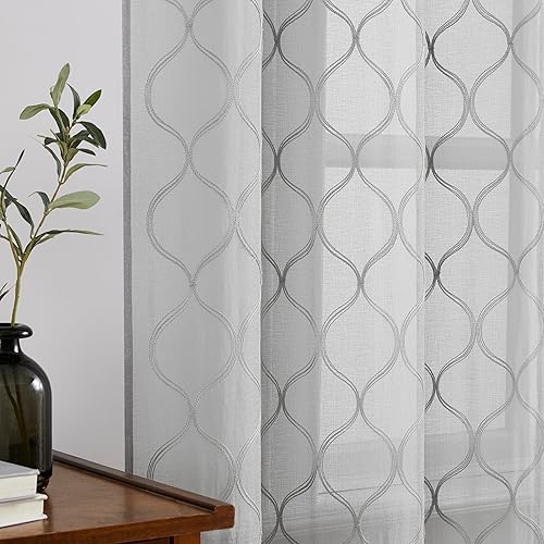 Miniatura 1 de Bujasso Cortinas traslúcidas grises de 63 pulgadas, 2 paneles bordados geométricos filtrantes de luz, cortinas para ventana de sala de estar,