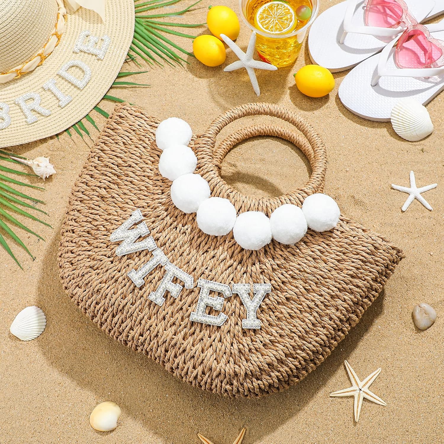Pinkunn Bride Gift Beach Bag Mrs Handwoven Straw Bag Rhinestone Pearl Letters Purse Bachelorette Wedding Honeymoon Essentials | Bride Gift