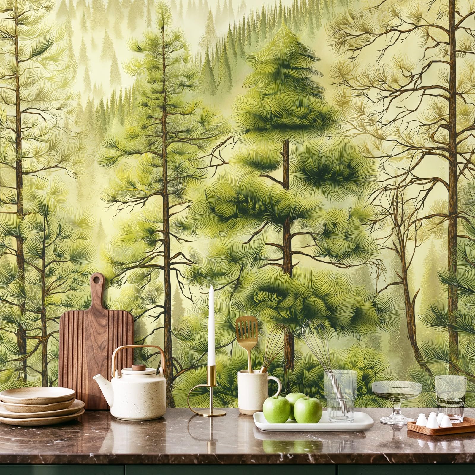 Générique Świeża nordycka natura tapeta panoramiczna 300 x 210 cm do salonu dekoracja pokoju dziecięcego dekoracja ścienna rośliny sosny