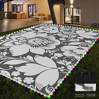 RV Outdoor Rug with Lights 5x8ft, Outdoor Camping Rug, Waterproof, Easy Cleaning, Non Shedding, Foldable and Portable, Reversible Mats for RV, Deck, Beach, Camping, Patio, Picnic (Grey & White)