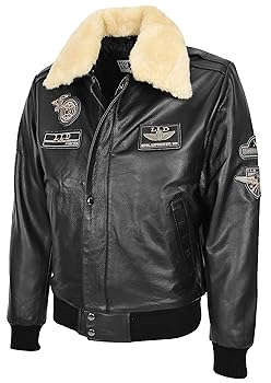 Mens Real Leather Bomber Jacket Detachable Collar Aviator