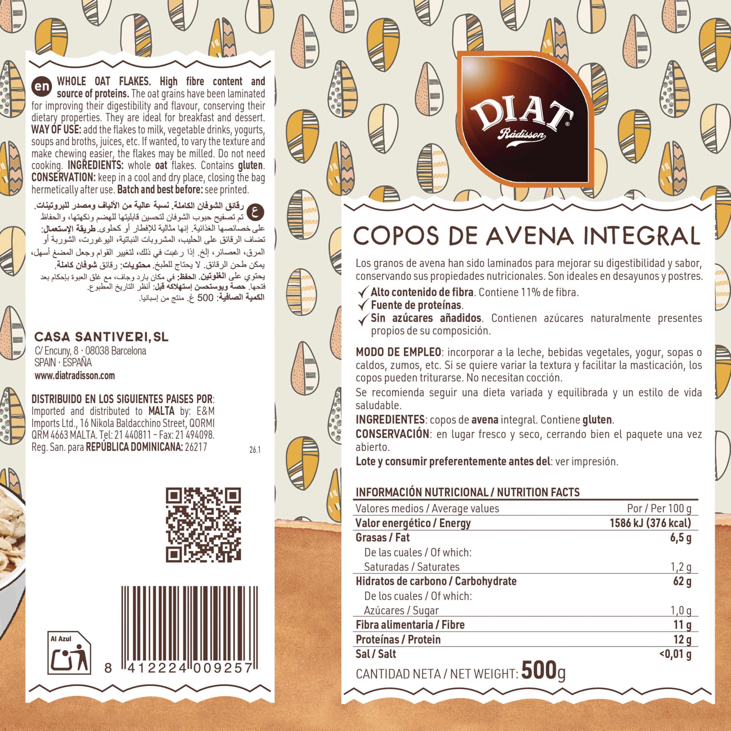 DIAT Radisson - Copos de Avena sin Azúcar | Alto Contenido en Fibra | Copos de Avena Naturales | Sin Azúcares Añadidos