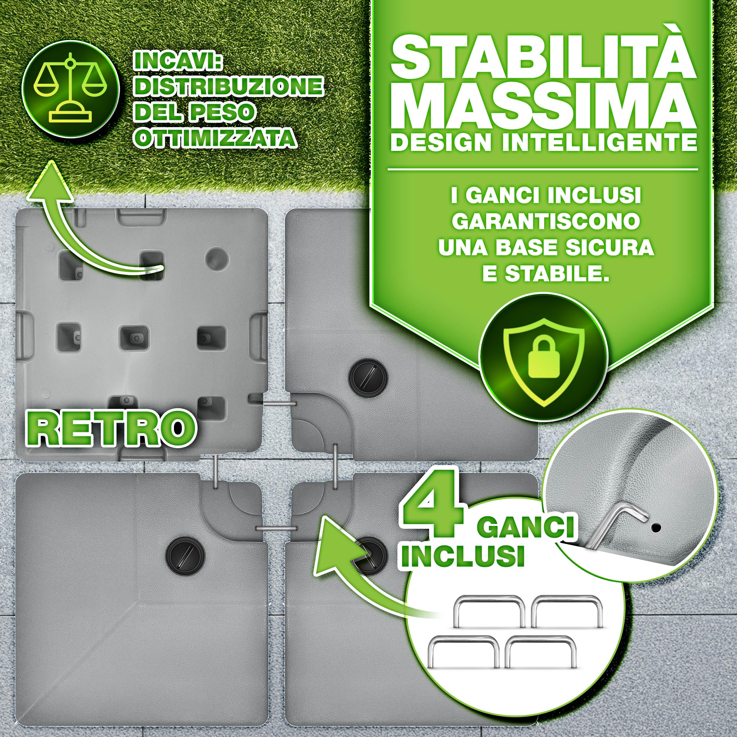 tillvex® Base per Ombrellone 90 Litri / 120 kg – 4 Pezzi per Ombrellone Decentrato con Connettore Metallico | Porta Ombrelloni Riempibile con Acqua o Sabbia | Supporto Ombrellone (Grigio)
