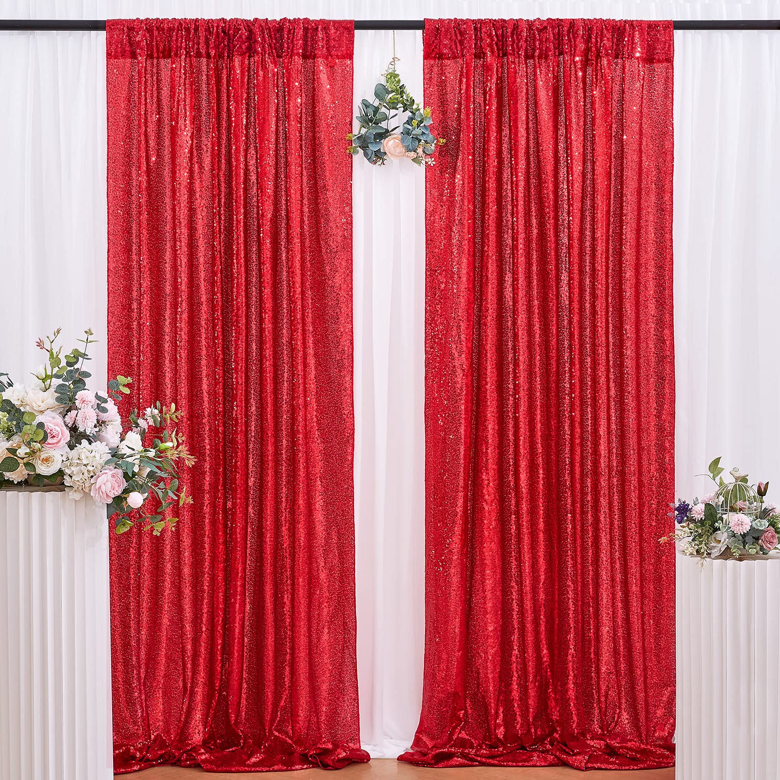 B-COOL Red Sequin Backdrop Curtain 2 Panels 2ftx8ft Shiny Valentines Backdrop Drapes Red Glitter Curtains for Wedding Party Birthday Anniversary