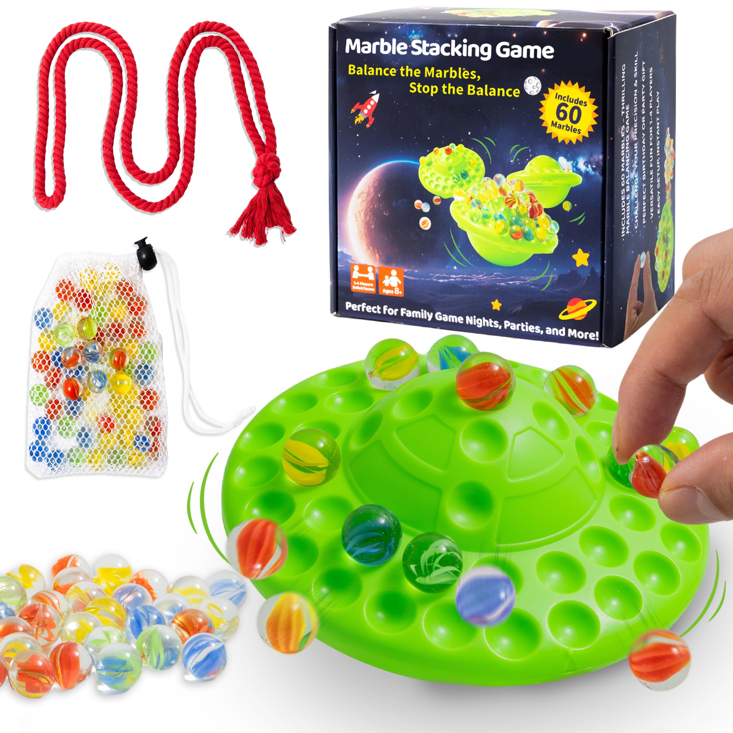 UFO - Juego de equilibrio de mármol, 60 canicas coloridas para niños, desafío de apilamiento familiar, juego de fiesta con estuche de almacenamiento