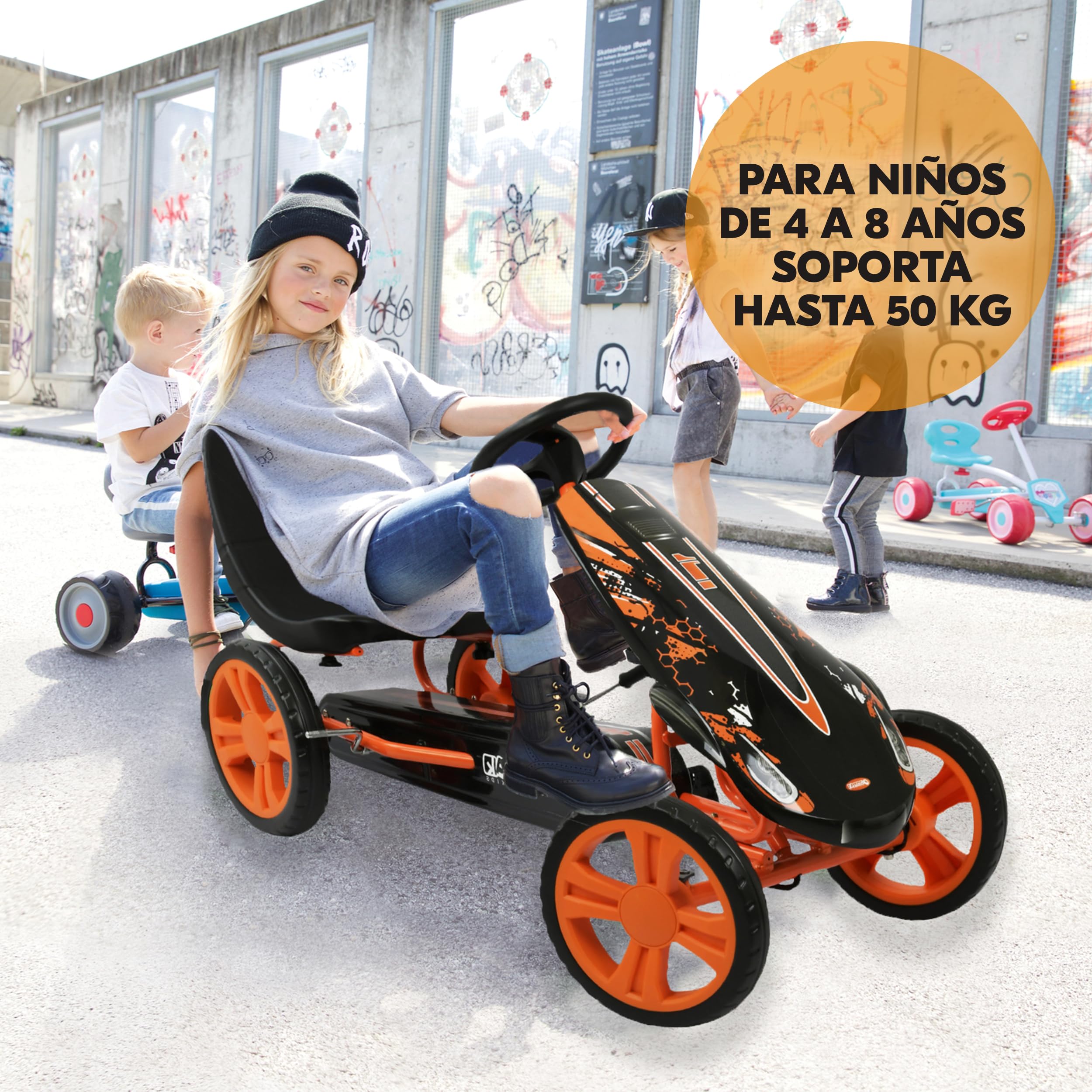 hauck Speedster Kart Pedales para Niños, Go Kart desde 4 años hasta 50 kg, Freno de Mano, Asiento Ajustable en 3 Posiciones, Marco de Acero