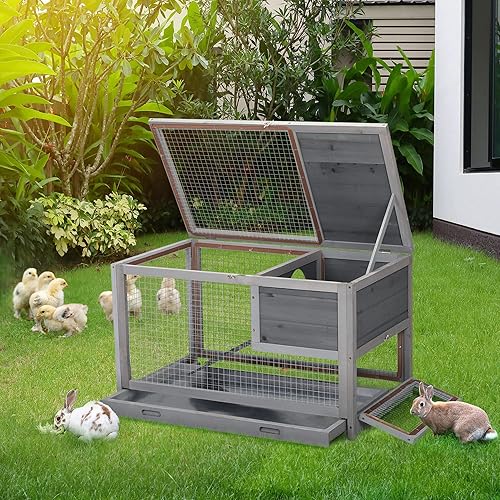 Miniatura 3 de Sardoxx Jaula grande de madera para conejos, de 35 pulgadas, de un solo nivel, con bandeja extraíble, jaula de conejillo de animales pequeños para