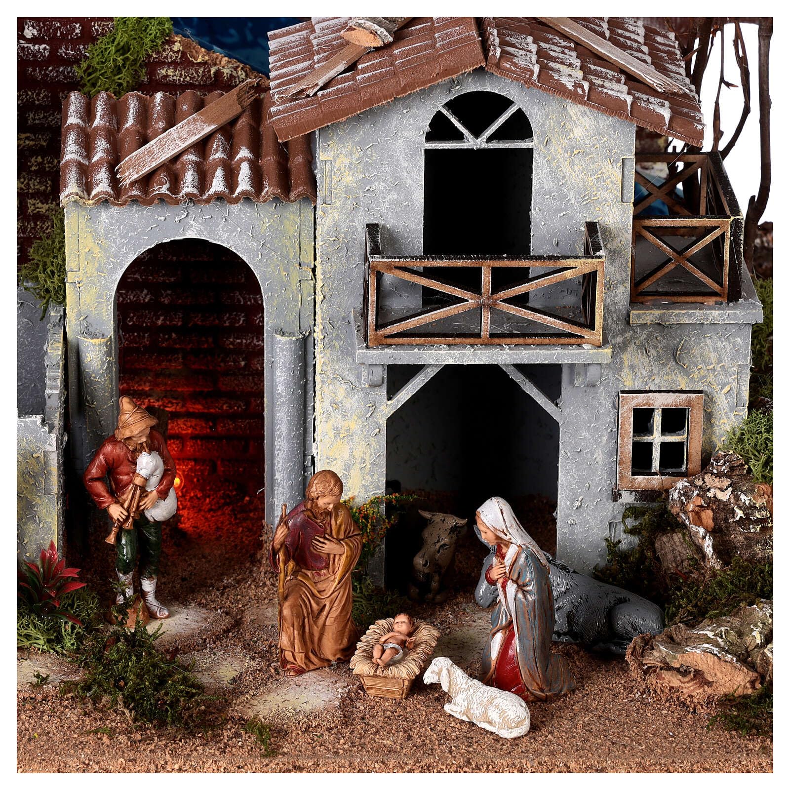 Holyart Aqueduct, house with fire and Moranduzzo's Nativity Scene with 10 cm figurines, 19th century style, 60x30x40 cm