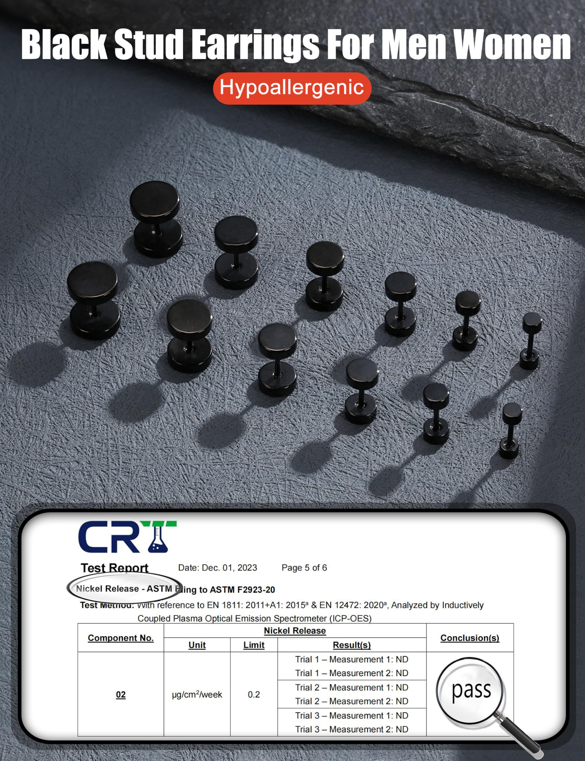 FIBO STEEL 6 Pairs Stainless Steel Black Stud Earrings for Men Women Faux Gauges Ear Tunnel Fake Gauge Earrings 3-8mm