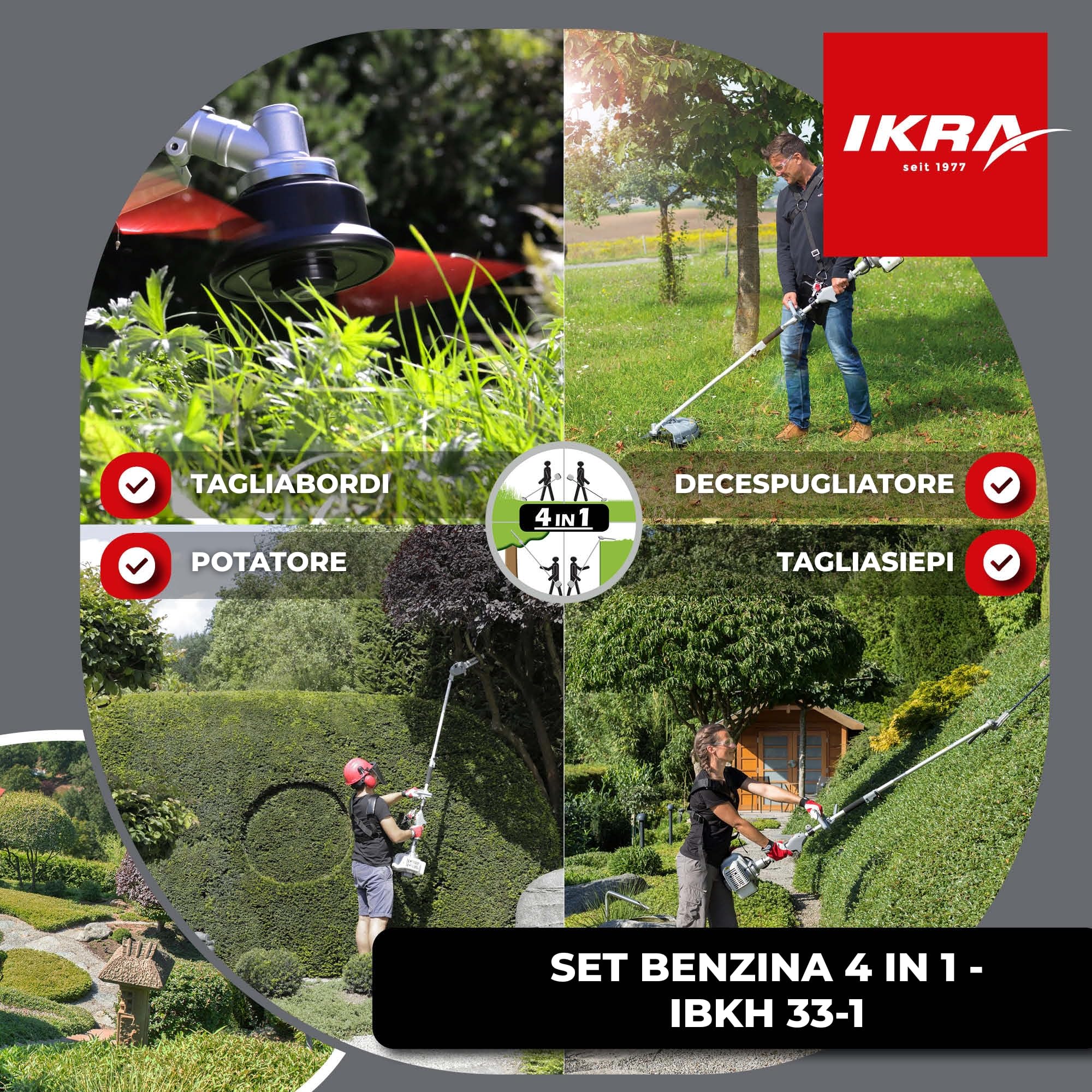 IKRA Multitool IBKH 33-1 a benzina 4in1 utensile multifunzione da giardino incl. scudo protettivo e lima per catena