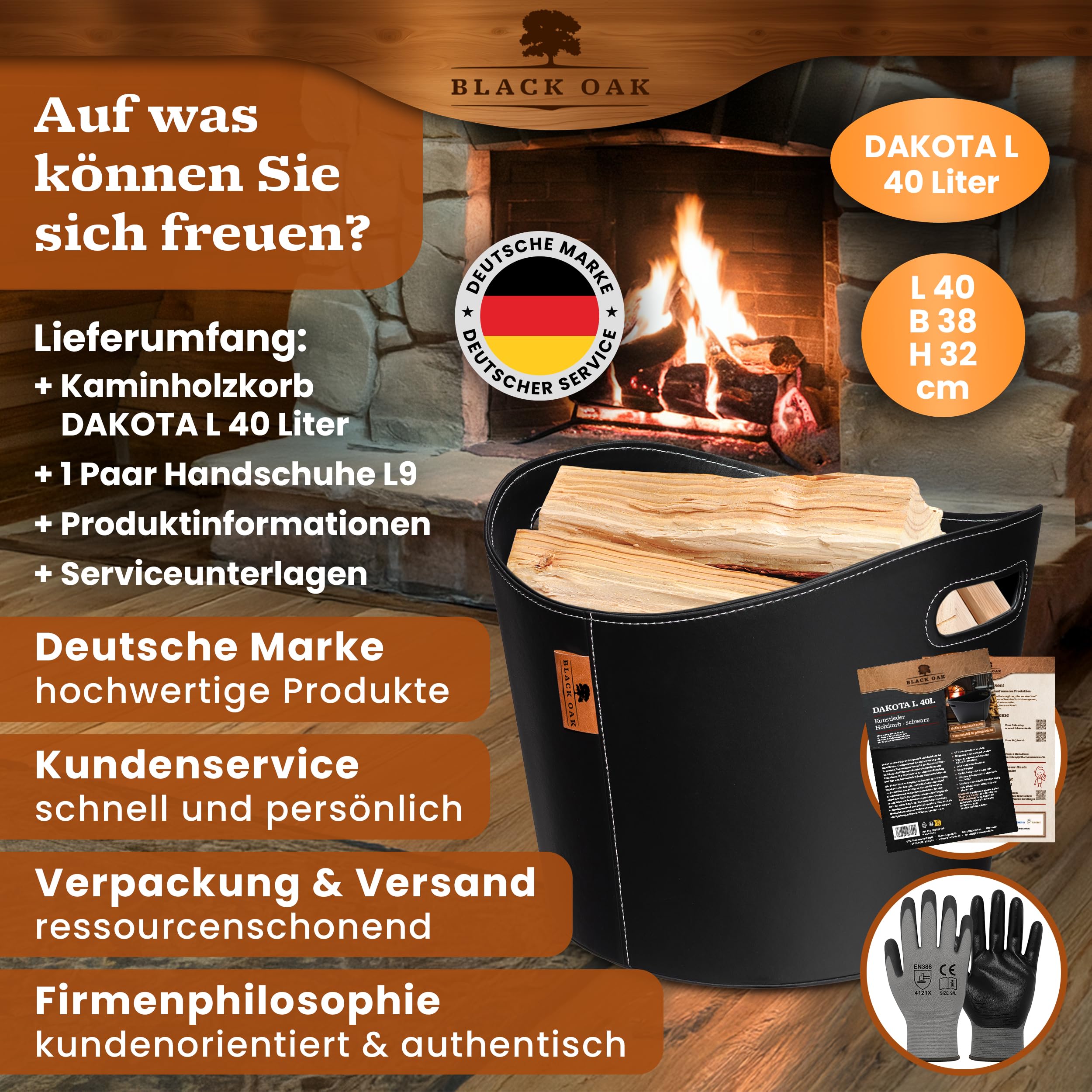 BLACK OAK DAKOTA L 40L Holzkorb für Kaminholz - Kunstleder schwarz 30kg Traglast - 40 Liter 40x38x32cm - Kaminholzkorb Holzkorb Brennholzkorb Tasche Korb für Holz Transport & Aufbewahrung schwarz