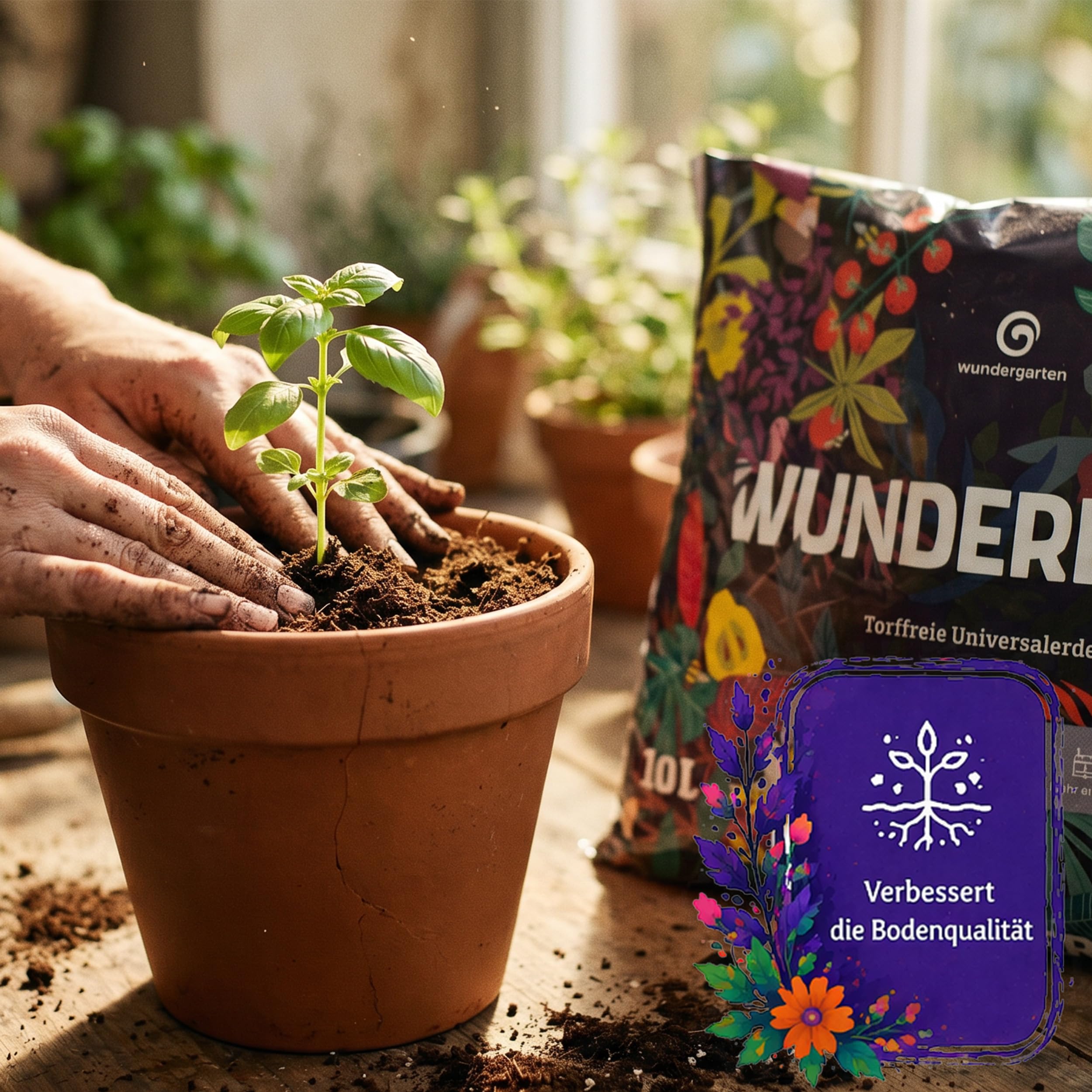 9X 10L Bio Universalerde torffrei – Mit Pflanzenkohle – Wundergarten Wundererde – Blumenerde für Zimmerpflanzen, Kräuter & Balkon – Weniger Gießen & Düngen