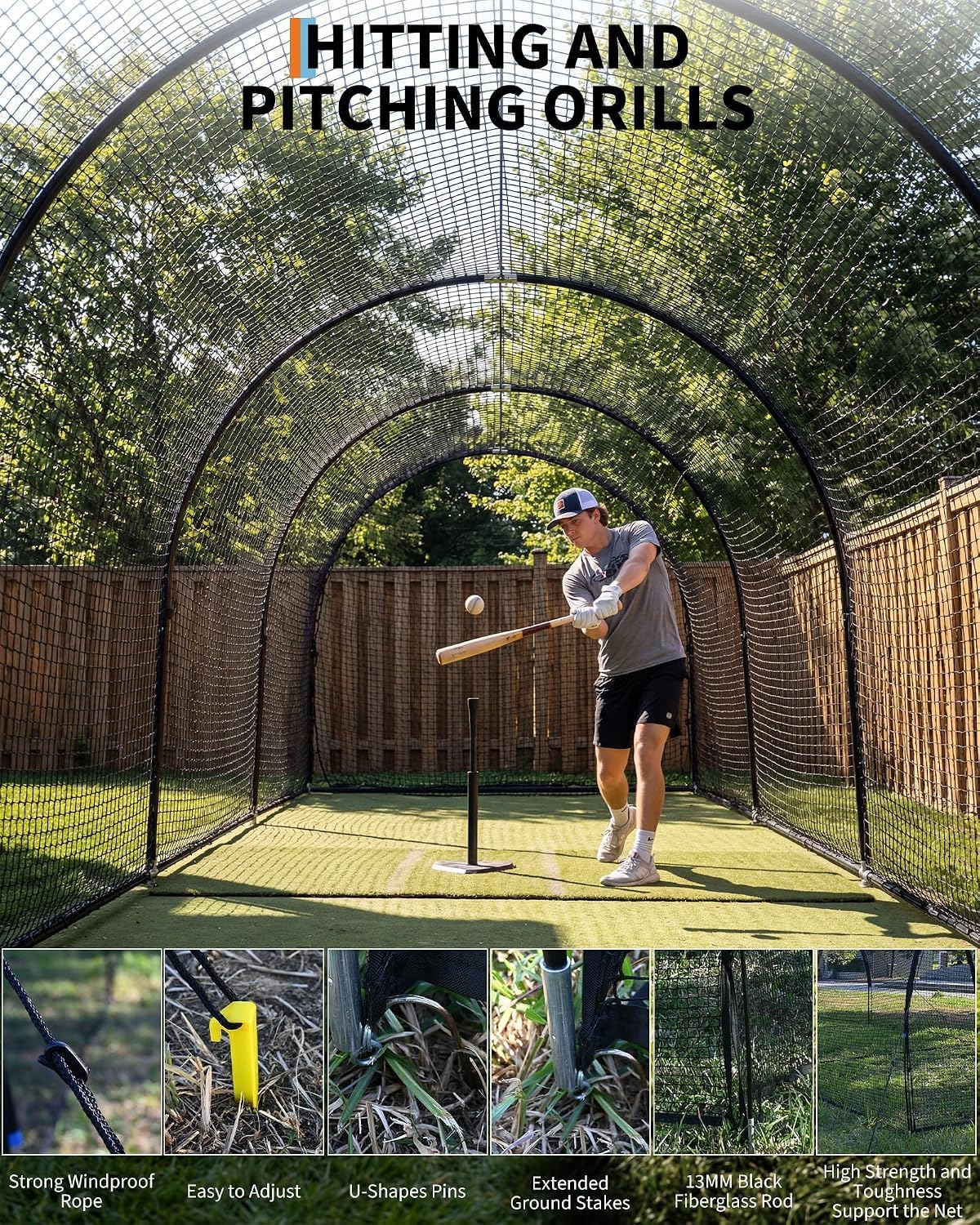 Filet de Cage de Batteur de Baseball Portable, pour Jardin Arrière-Cour, Cage d'Entraînement Baseball et Softball avec Trou pour Machine à Lancer et Porte Amovible, 1008 * 372 * 243 cm